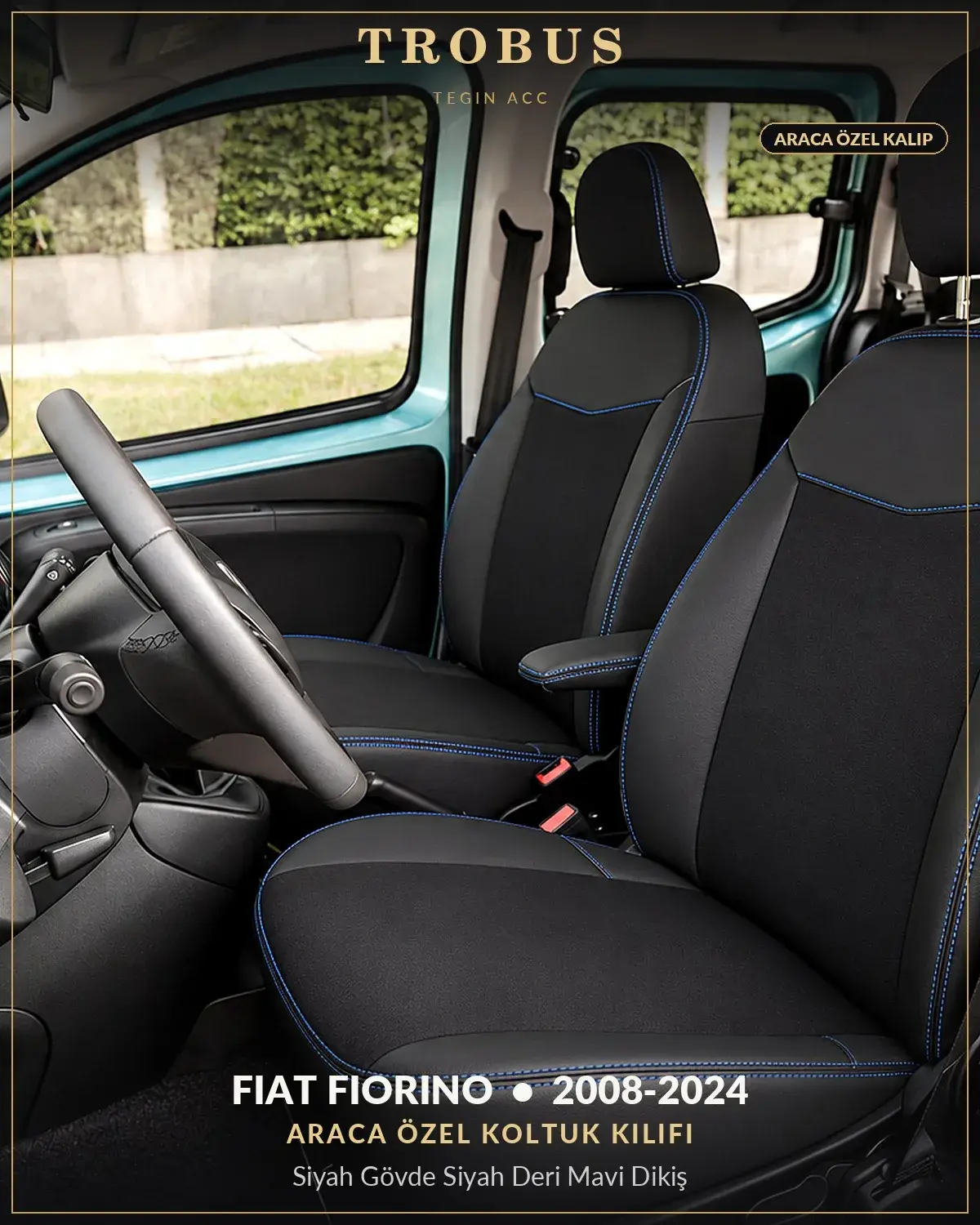 Fiat Fiorino 2008-2024 Araca Özel Koltuk Kılıfı Siyah Gövde Siyah Deri Mavi Dikiş (1)
