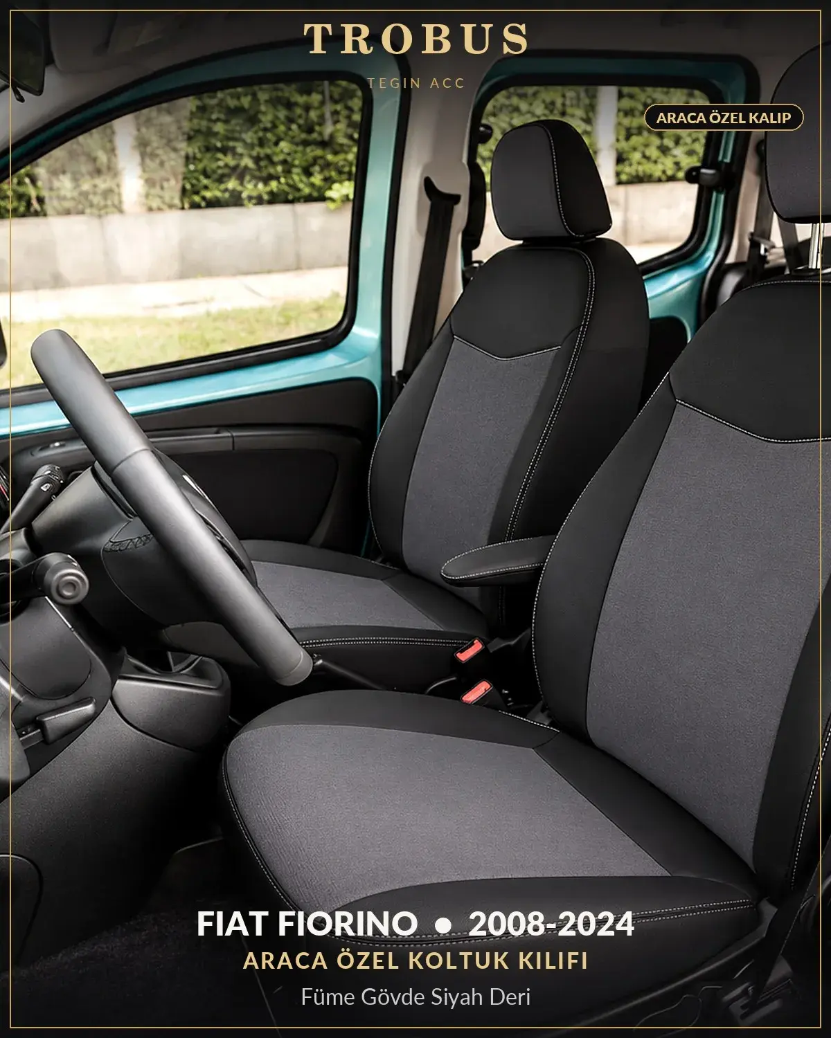 Fiat Fiorino 2008-2024 Araca Özel Koltuk Kılıfı Füme Gövde Siyah Deri (1)