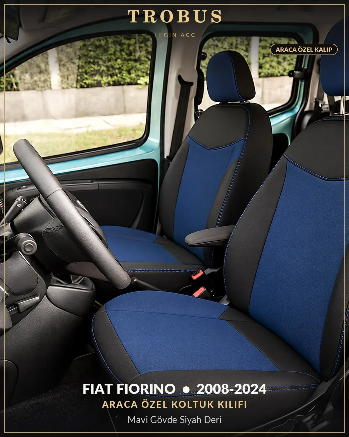 Fiat Fiorino 2008-2024 Araca Özel Koltuk Kılıfı Mavi Gövde Siyah Deri (1)