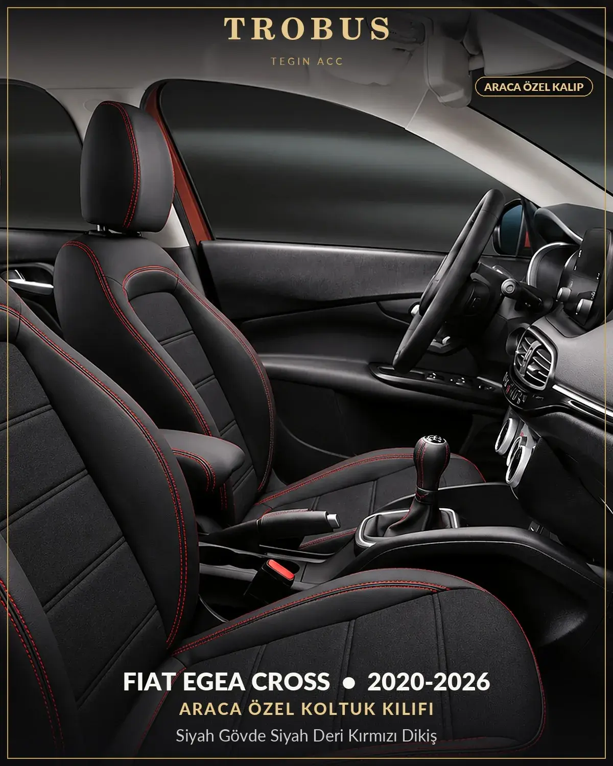 Fiat Egea Cross 2020-2026 Araca Özel Koltuk Kılıfı Siyah Gövde Siyah Deri Kırmızı Dikiş (1)