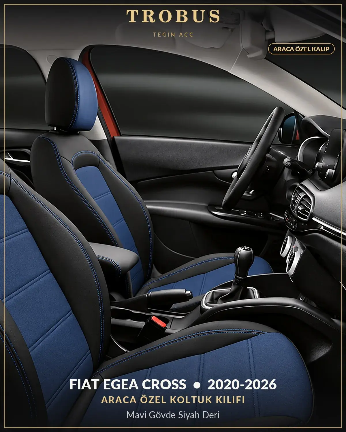 Fiat Egea Cross 2020-2026 Araca Özel Koltuk Kılıfı Mavi Gövde Siyah Deri (1)