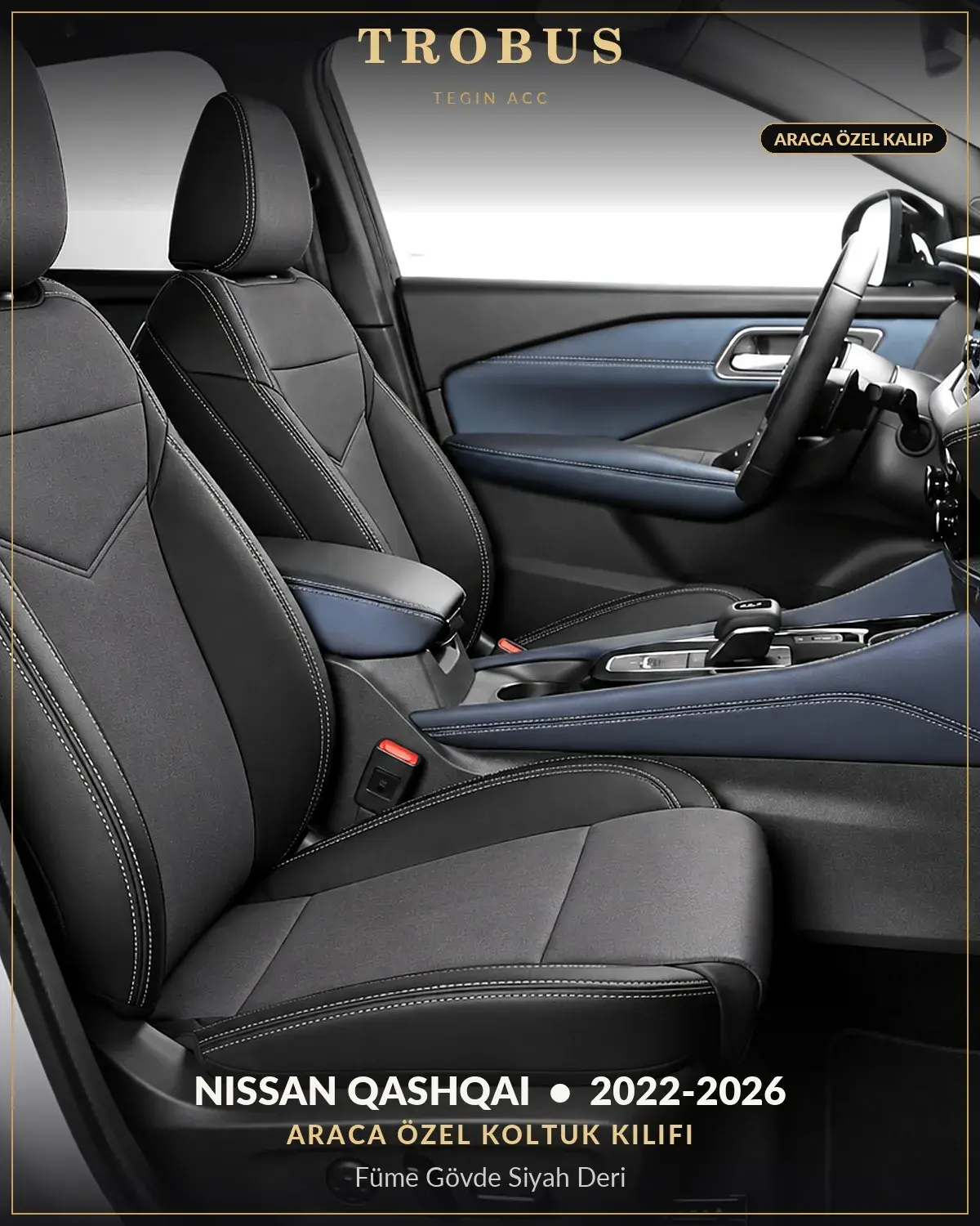 Nissan Qashqai 2022-2026 Araca Özel Koltuk Kılıfı Füme Gövde Siyah Deri (1)