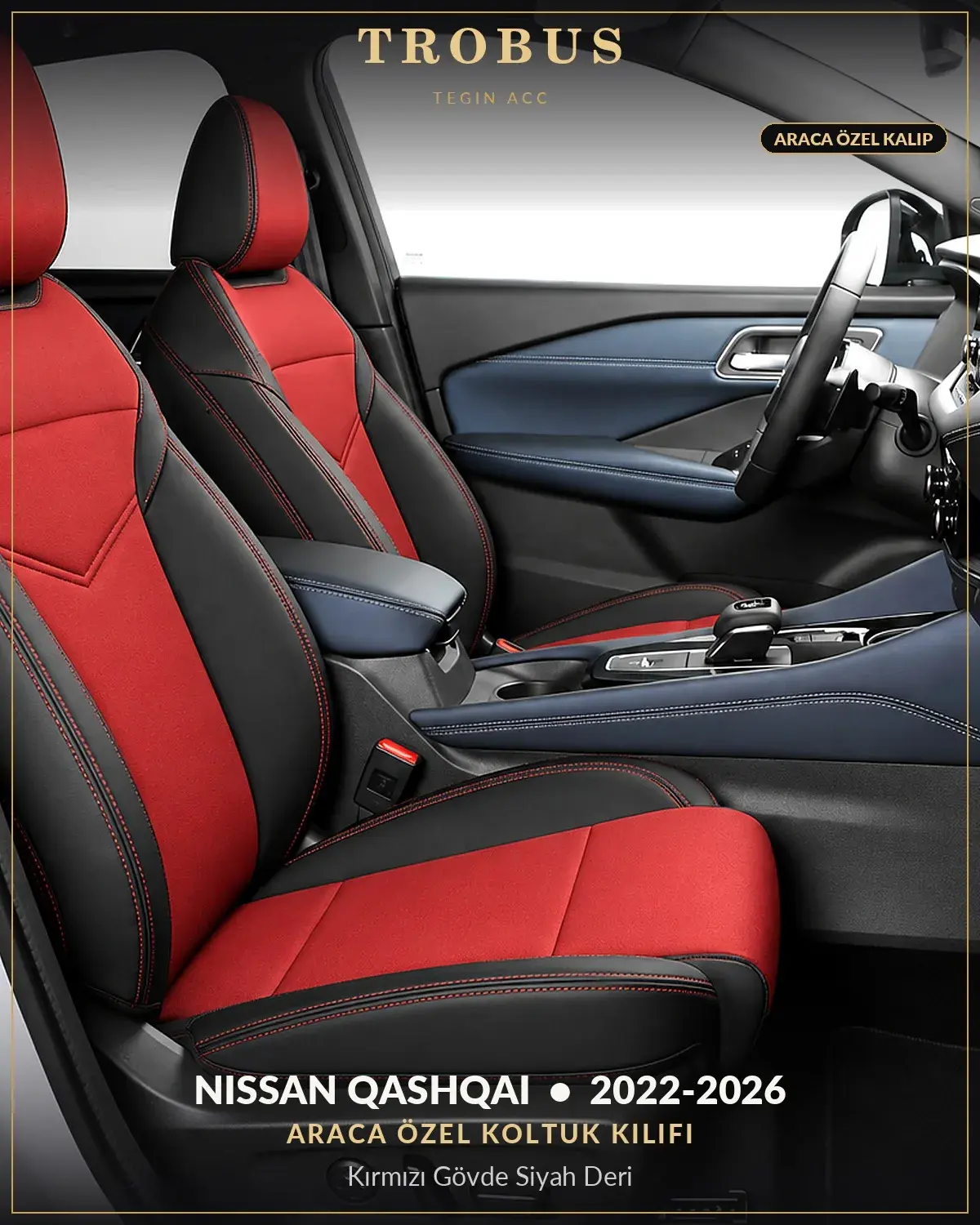 Nissan Qashqai 2022-2026 Araca Özel Koltuk Kılıfı Kırmızı Gövde Siyah Deri (1)