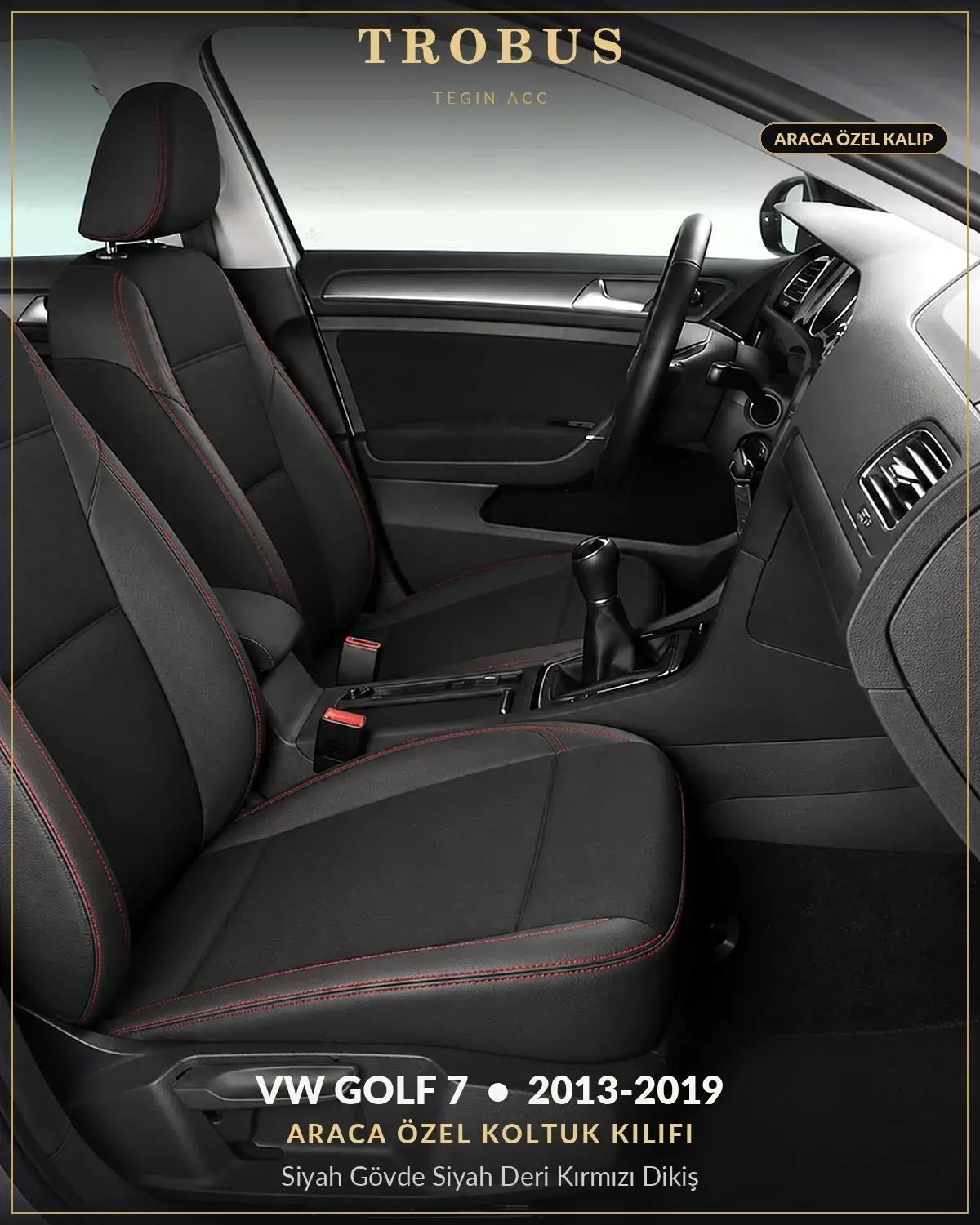 Volkswagen Golf 7 2013-2019 Araca Özel Koltuk Kılıfı Siyah Gövde Siyah Deri Kırmızı Dikiş (1)