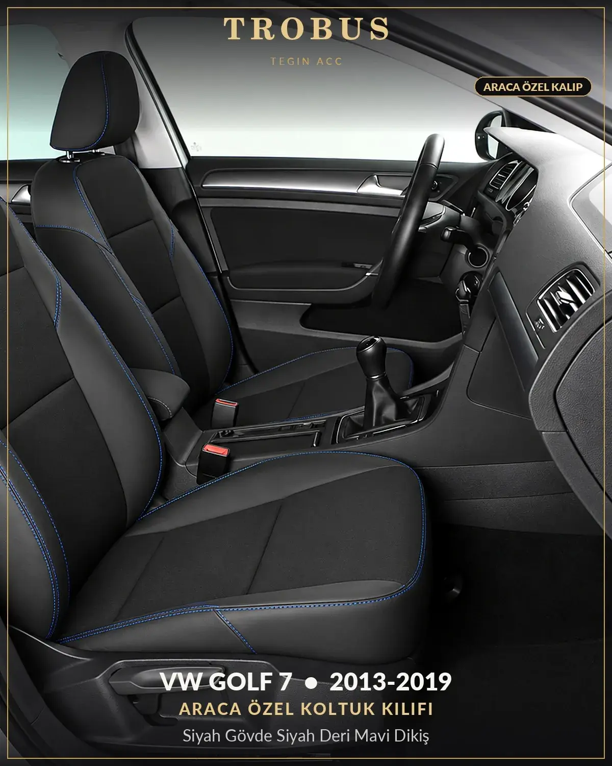 Volkswagen Golf 7 2013-2019 Araca Özel Koltuk Kılıfı Siyah Gövde Siyah Deri Mavi Dikiş (1)
