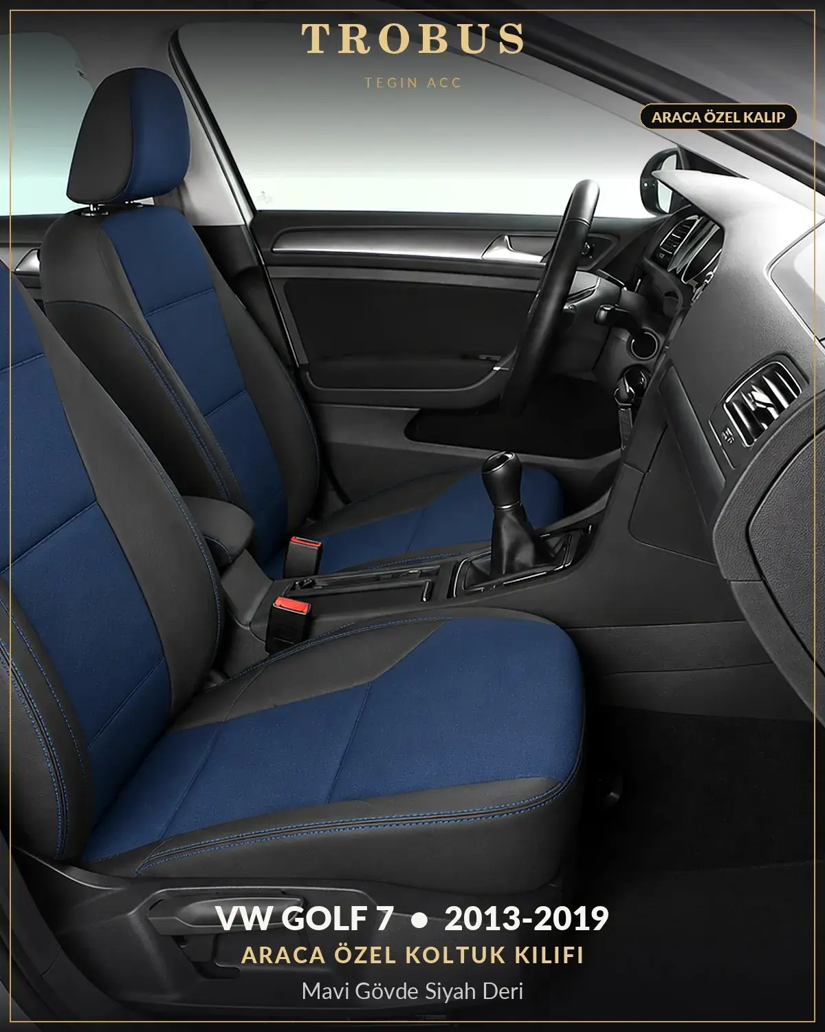 Volkswagen Golf 7 2013-2019 Araca Özel Koltuk Kılıfı Mavi Gövde Siyah Deri (1)