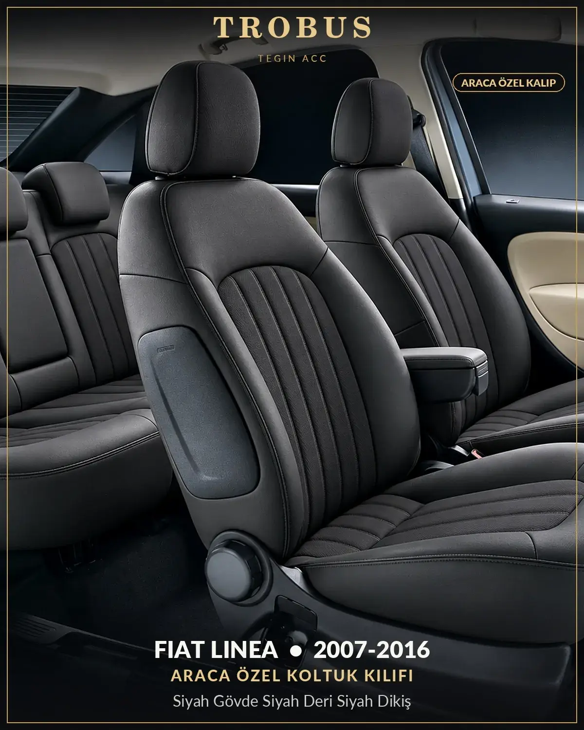 Fiat Linea 2007-2016 Araca Özel Koltuk Kılıfı Siyah Gövde Siyah Deri Siyah Dikiş (1)