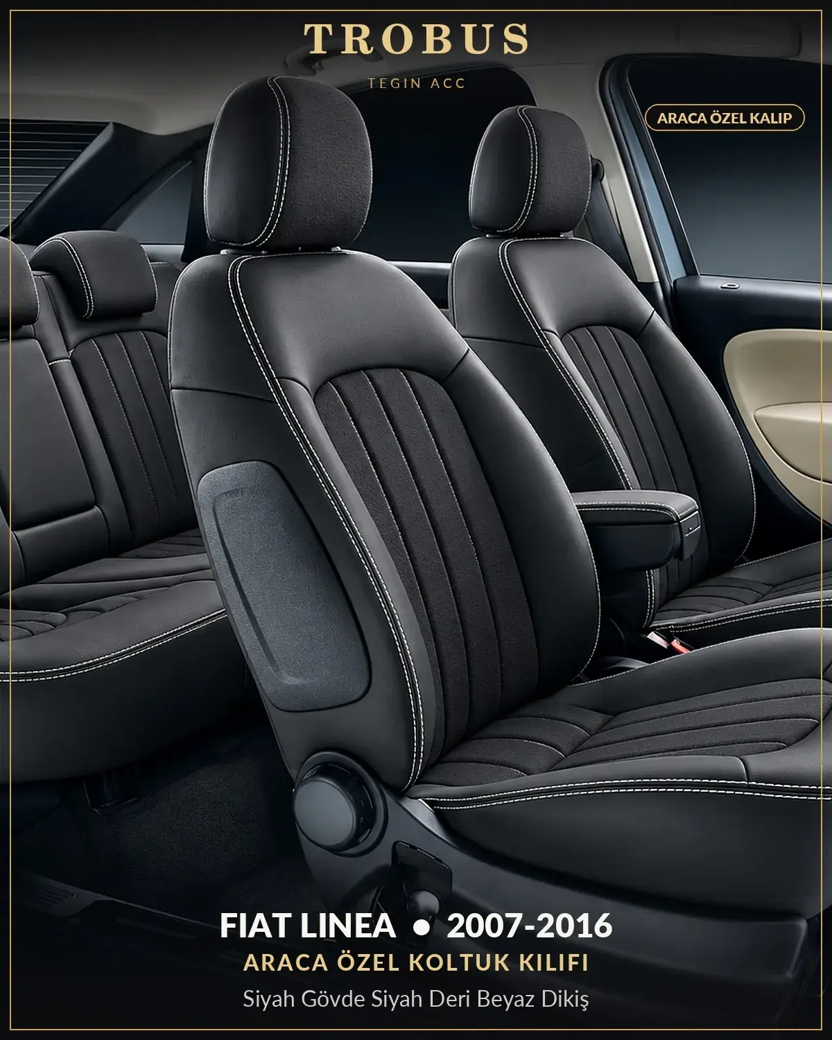 Fiat Linea 2007-2016 Araca Özel Koltuk Kılıfı Siyah Gövde Siyah Deri Beyaz Dikiş (1)