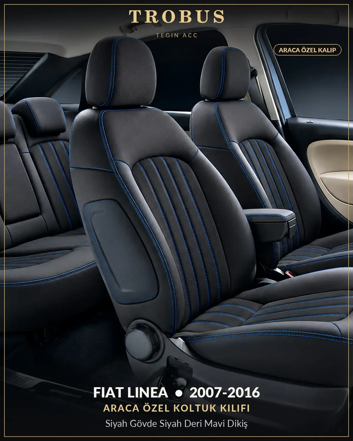 Fiat Linea 2007-2016 Araca Özel Koltuk Kılıfı Siyah Gövde Siyah Deri Mavi Dikiş (1)