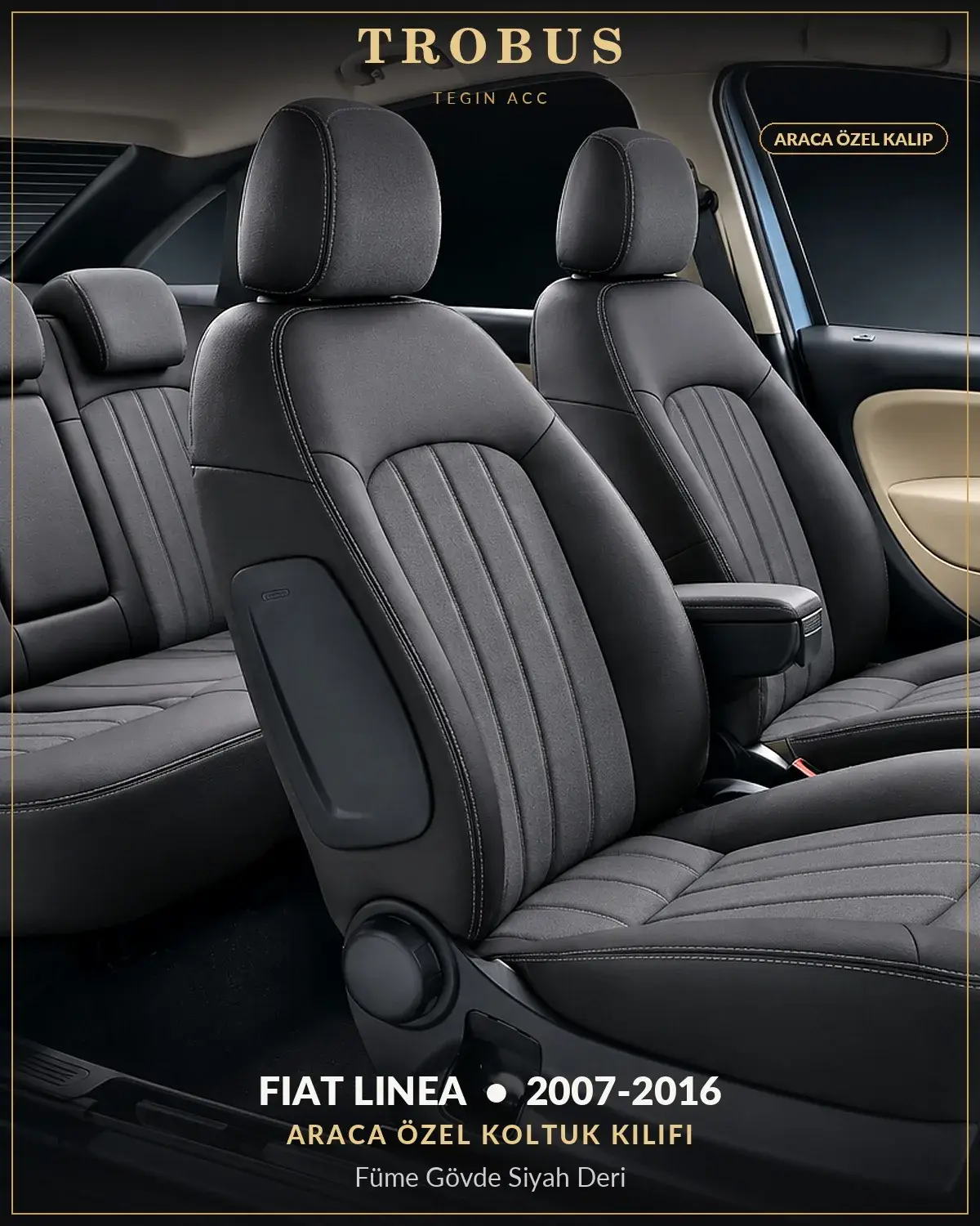 Fiat Linea 2007-2016 Araca Özel Koltuk Kılıfı Füme Gövde Siyah Deri (1)