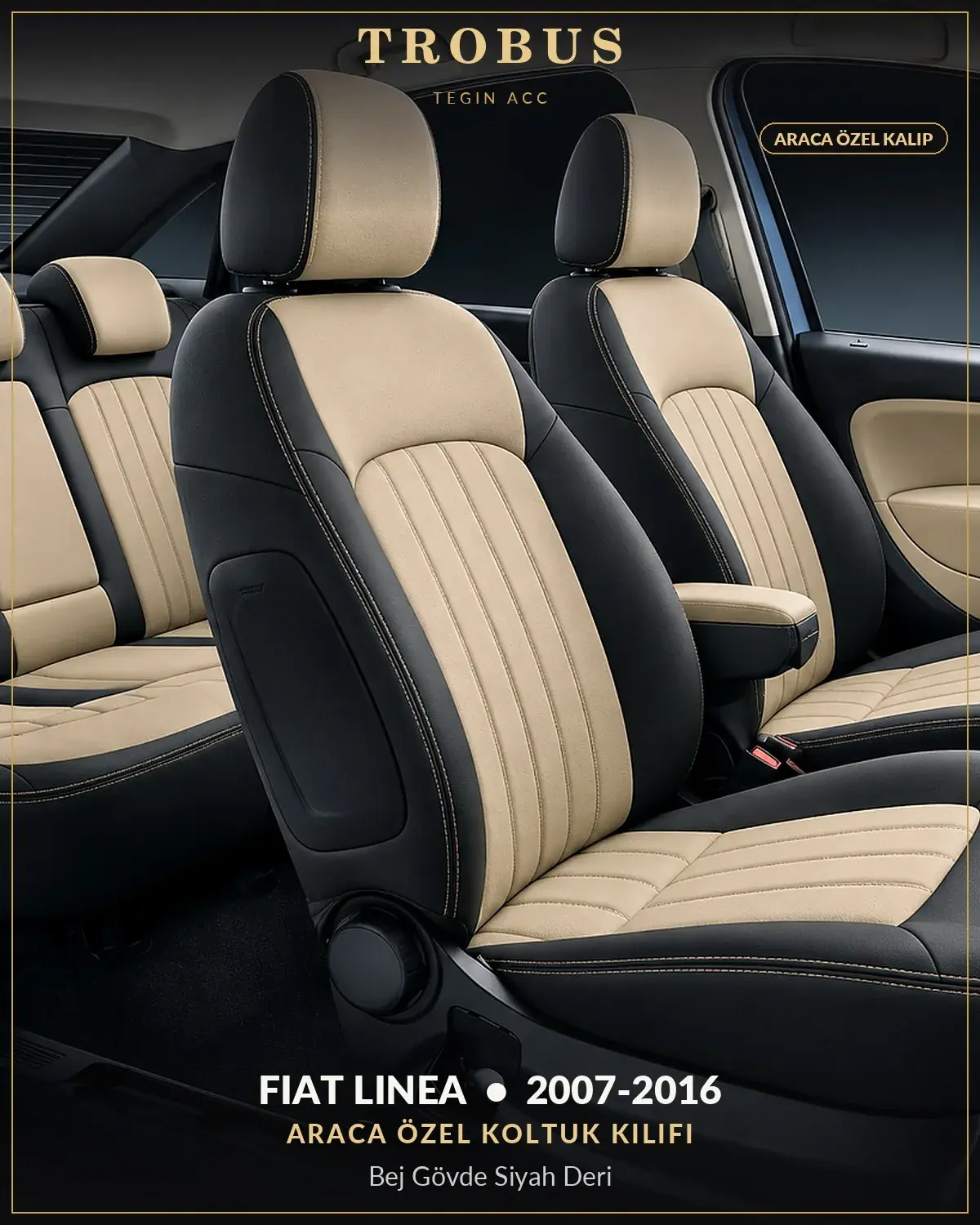 Fiat Linea 2007-2016 Araca Özel Koltuk Kılıfı Bej Gövde Siyah Deri (1)