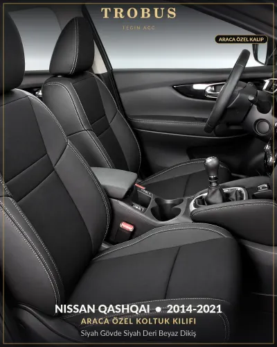 Nissan Qashqai 2014-2021 Araca Özel Koltuk Kılıfı Siyah Gövde Siyah Deri Beyaz Dikiş