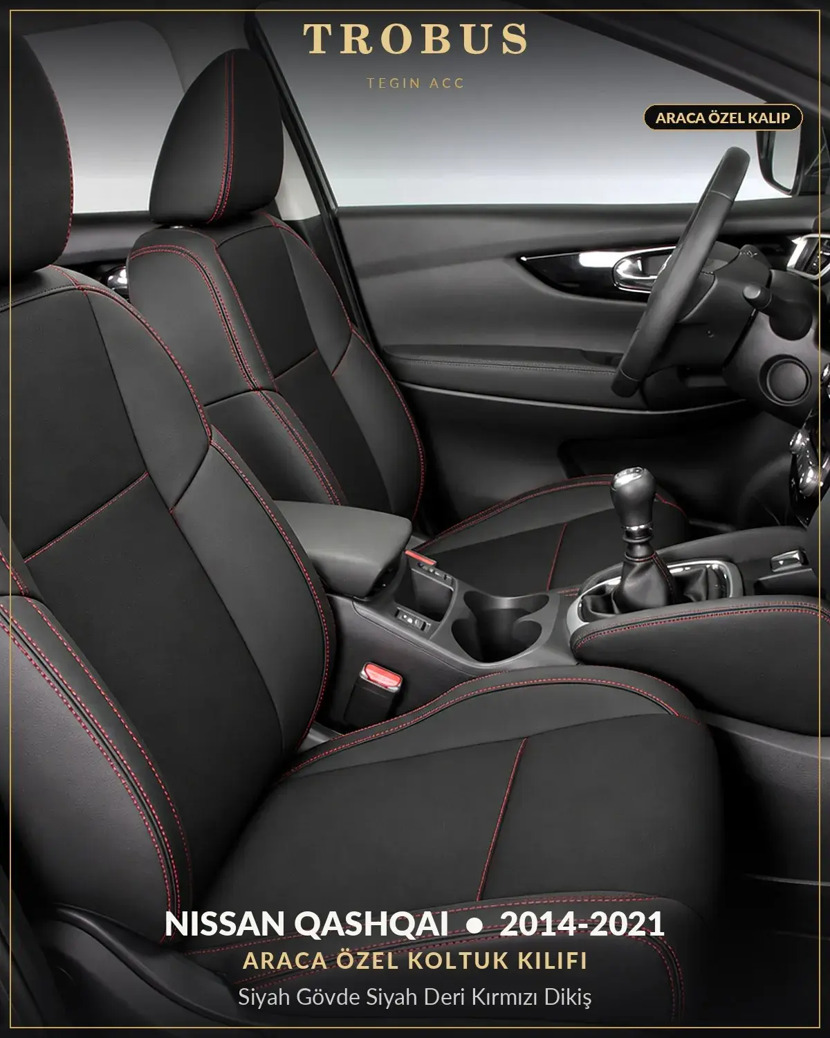 Nissan Qashqai 2014-2021 Araca Özel Koltuk Kılıfı Siyah Gövde Siyah Deri Kırmızı Dikiş (1)