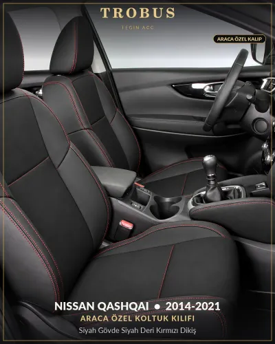 Nissan Qashqai 2014-2021 Araca Özel Koltuk Kılıfı Siyah Gövde Siyah Deri Kırmızı Dikiş