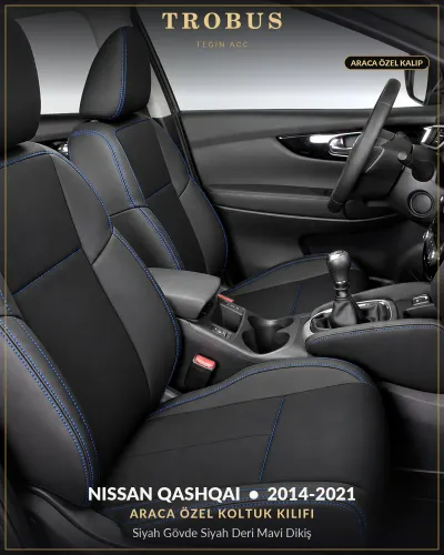 Nissan Qashqai 2014-2021 Araca Özel Koltuk Kılıfı Siyah Gövde Siyah Deri Mavi Dikiş