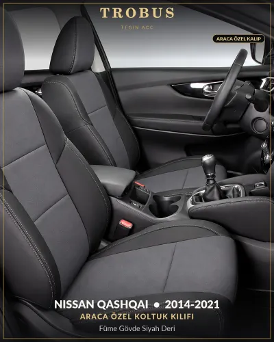 Nissan Qashqai 2014-2021 Araca Özel Koltuk Kılıfı Füme Gövde Siyah Deri
