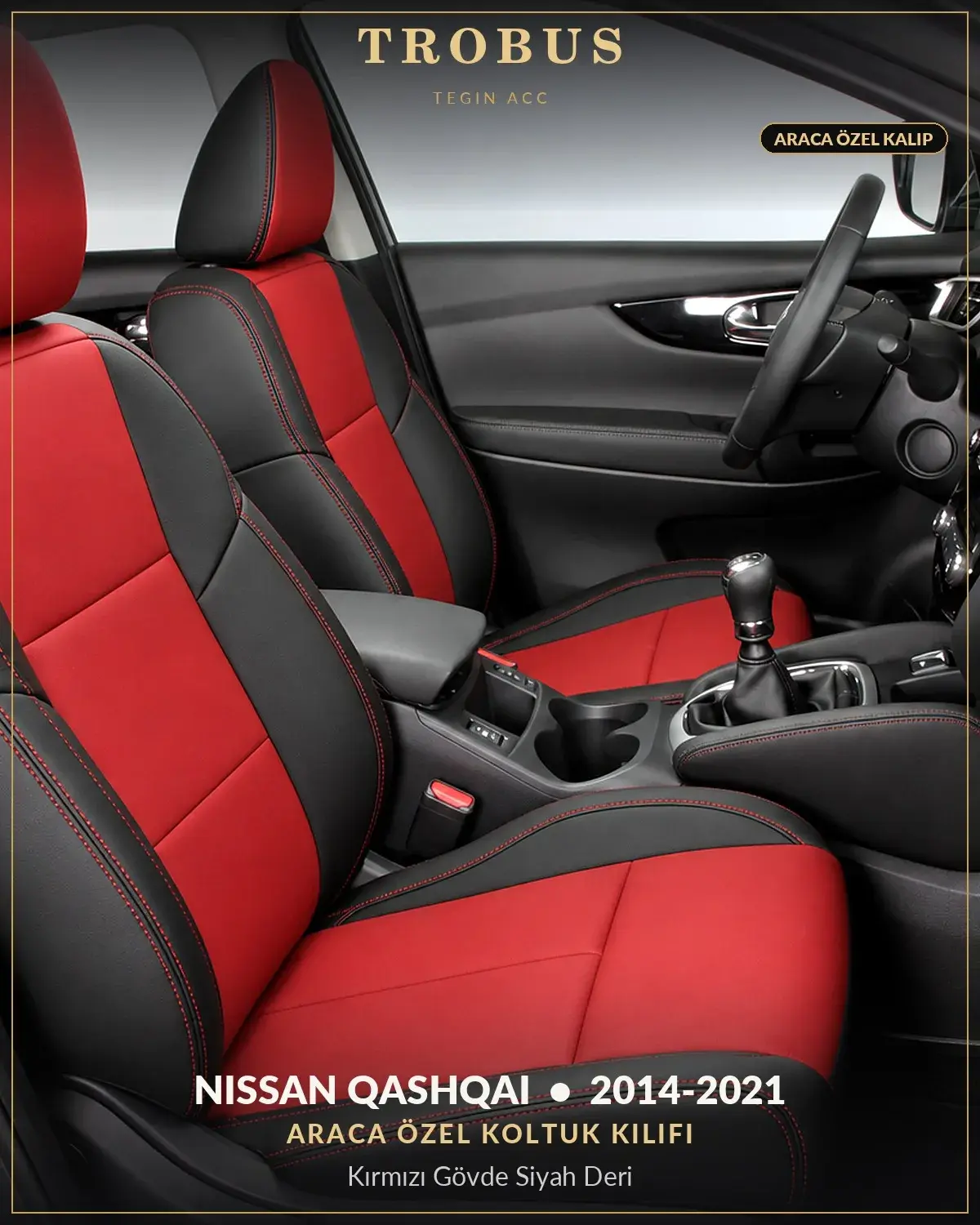 Nissan Qashqai 2014-2021 Araca Özel Koltuk Kılıfı Kırmızı Gövde Siyah Deri (1)