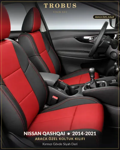 Nissan Qashqai 2014-2021 Araca Özel Koltuk Kılıfı Kırmızı Gövde Siyah Deri