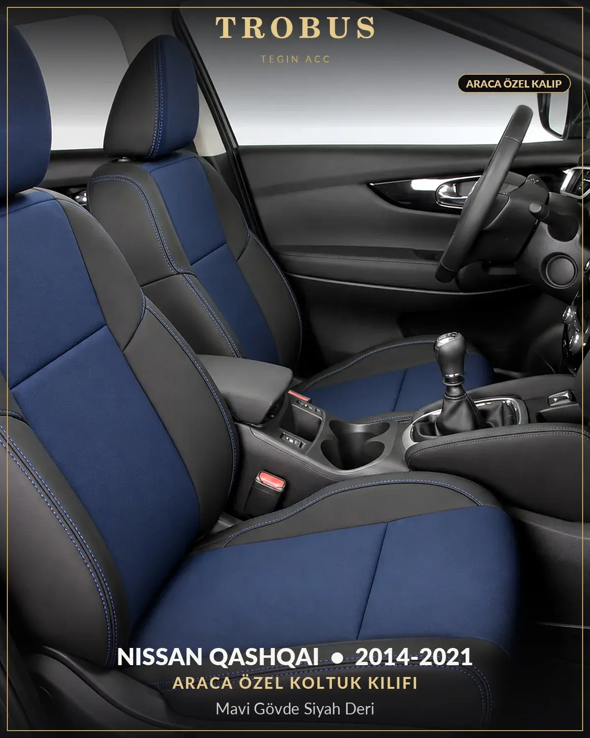 Nissan Qashqai 2014-2021 Araca Özel Koltuk Kılıfı Mavi Gövde Siyah Deri (1)