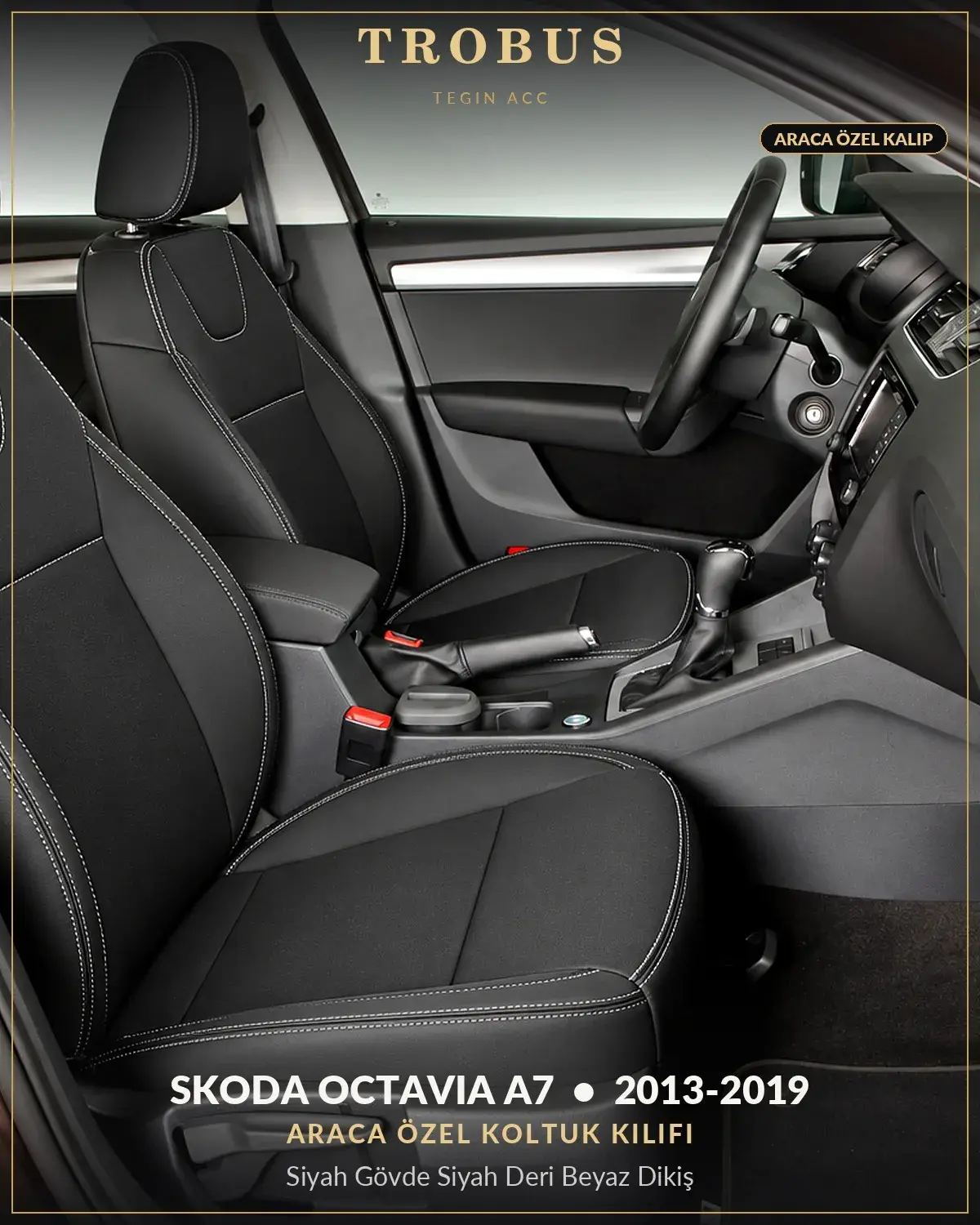 Skoda Octavia A7 2013-2019 Araca Özel Koltuk Kılıfı Siyah Gövde Siyah Deri Beyaz Dikiş (1)