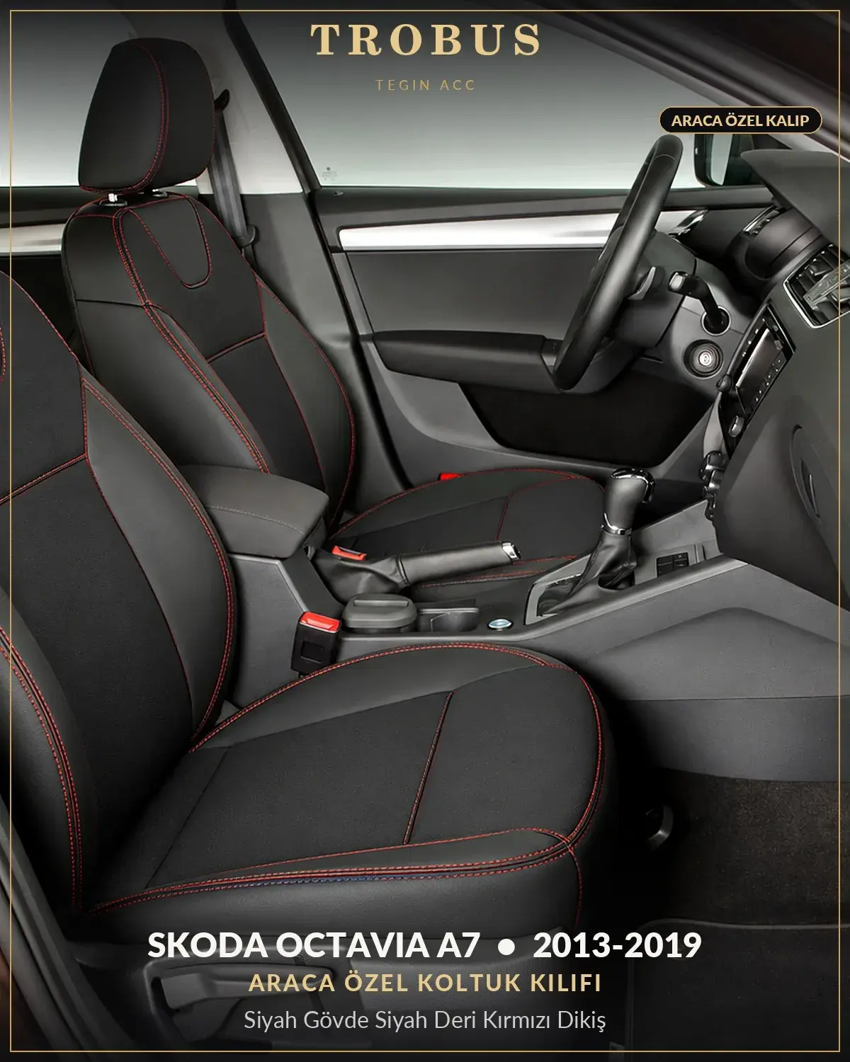 Skoda Octavia A7 2013-2019 Araca Özel Koltuk Kılıfı Siyah Gövde Siyah Deri Kırmızı Dikiş (1)