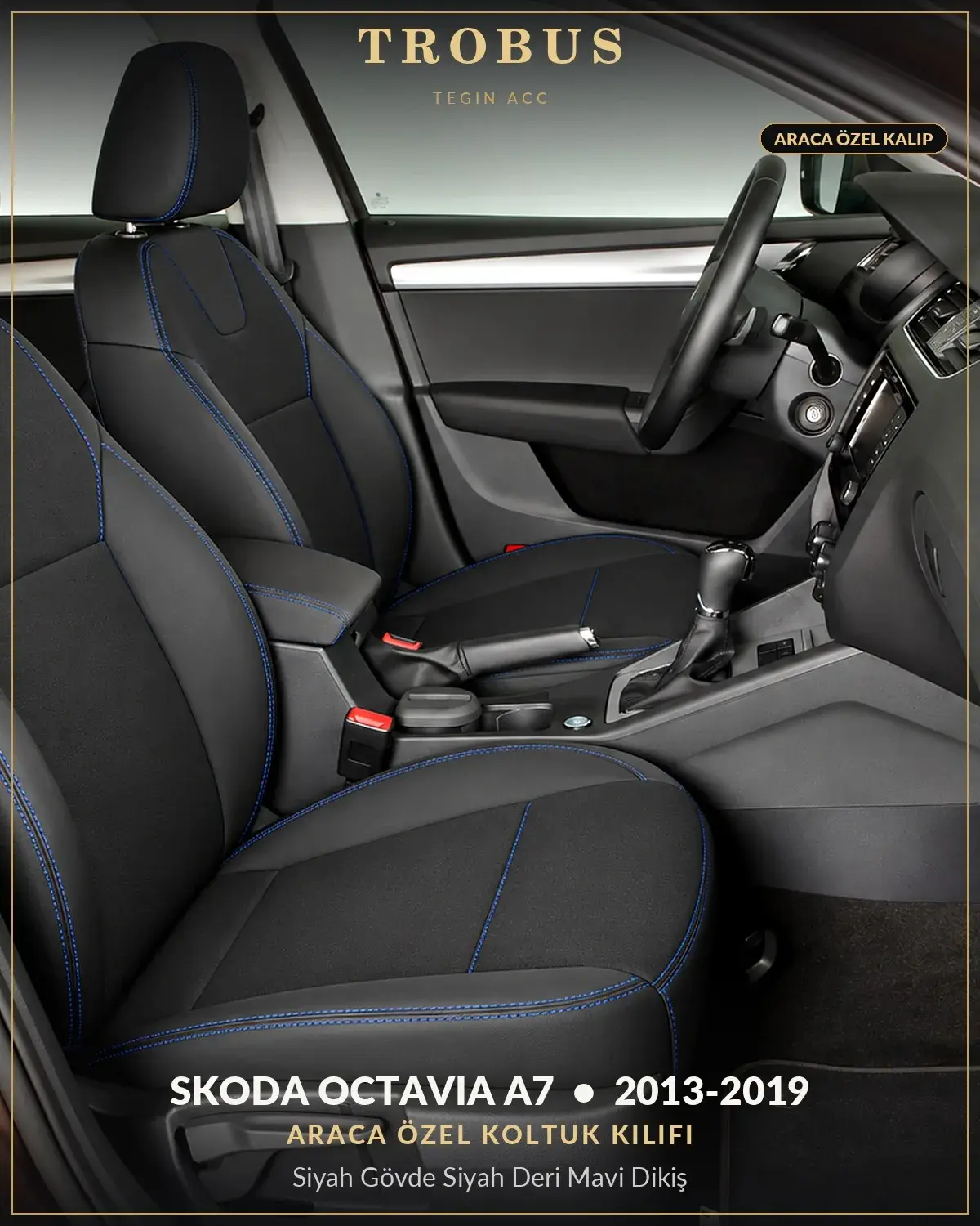 Skoda Octavia A7 2013-2019 Araca Özel Koltuk Kılıfı Siyah Gövde Siyah Deri Mavi Dikiş (1)