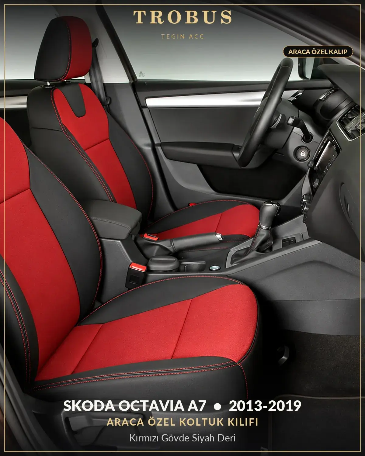 Skoda Octavia A7 2013-2019 Araca Özel Koltuk Kılıfı Kırmızı Gövde Siyah Deri (1)