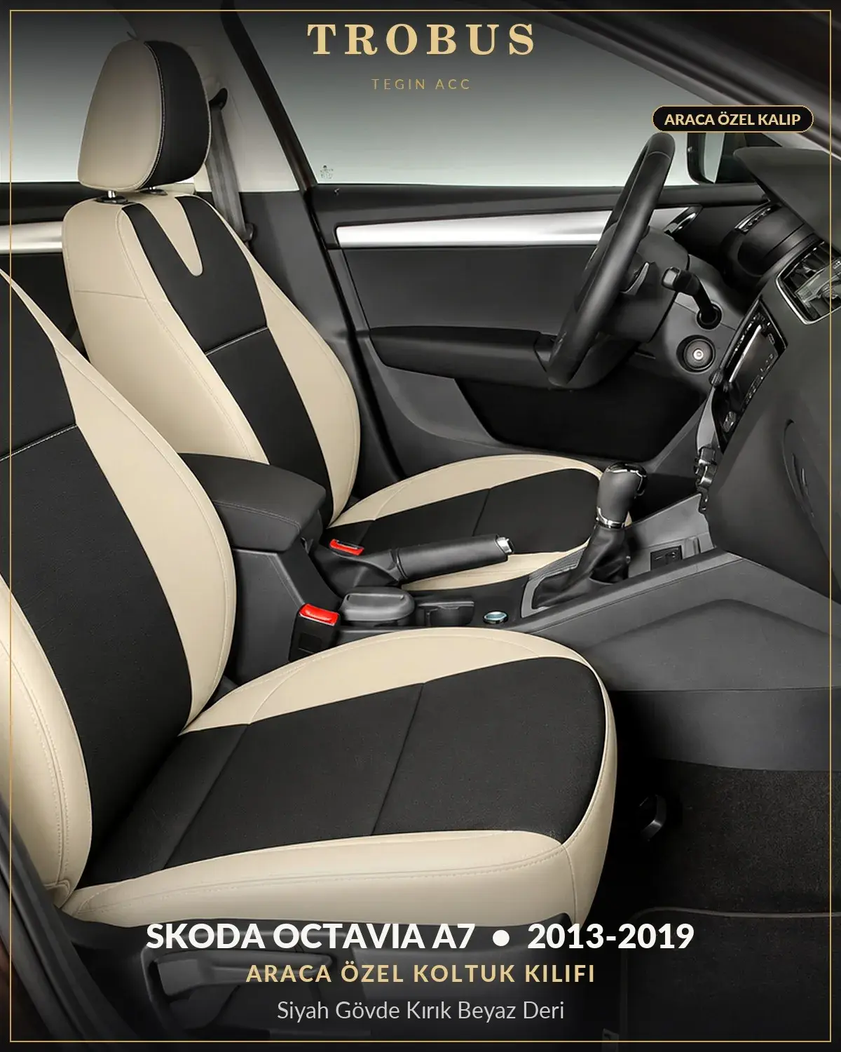 Skoda Octavia A7 2013-2019 Araca Özel Koltuk Kılıfı Siyah Gövde Kırık Beyaz Deri (1)