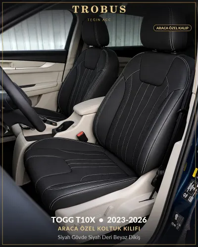 TOGG T10X 2023-2026 Araca Özel Koltuk Kılıfı Siyah Gövde Siyah Deri Beyaz Dikiş