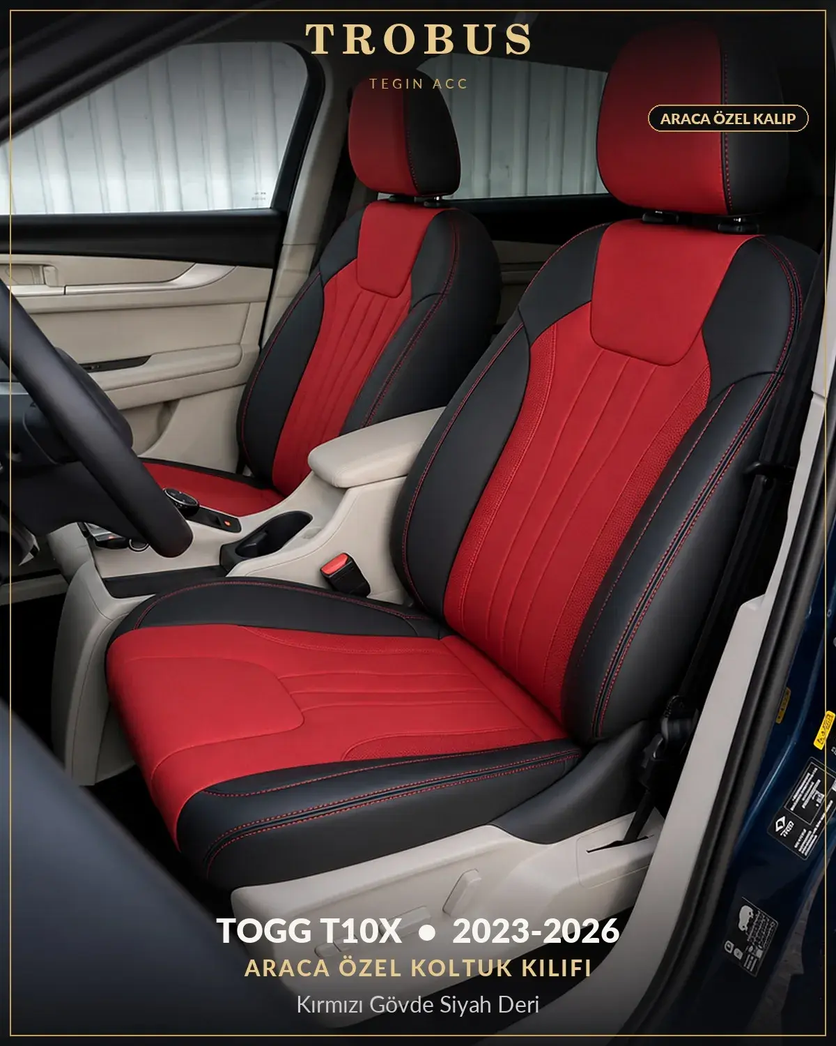 TOGG T10X 2023-2026 Araca Özel Koltuk Kılıfı Kırmızı Gövde Siyah Deri (1)