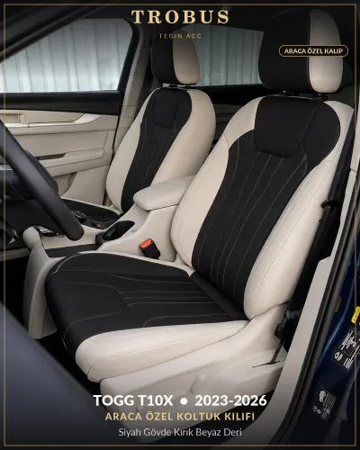 TOGG T10X 2023-2026 Araca Özel Koltuk Kılıfı Siyah Gövde Kırık Beyaz Deri