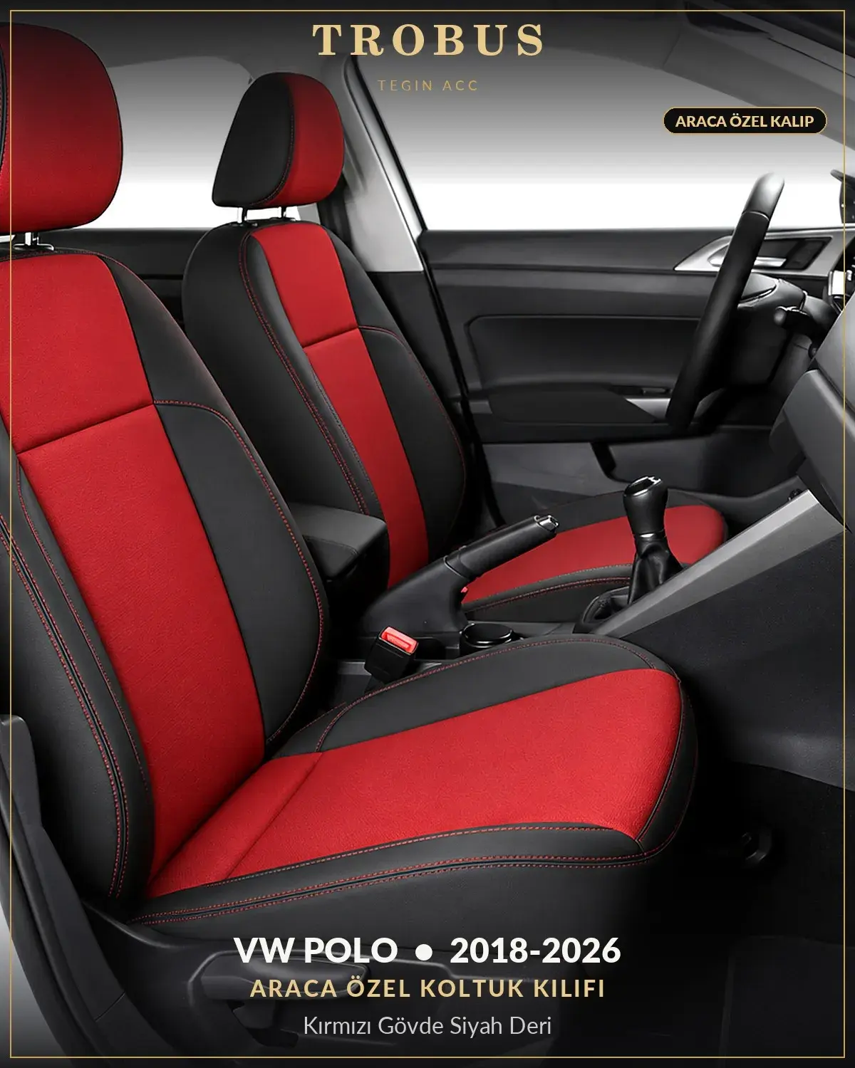Volkswagen Polo 2018-2026 Araca Özel Koltuk Kılıfı Kırmızı Gövde Siyah Deri (1)