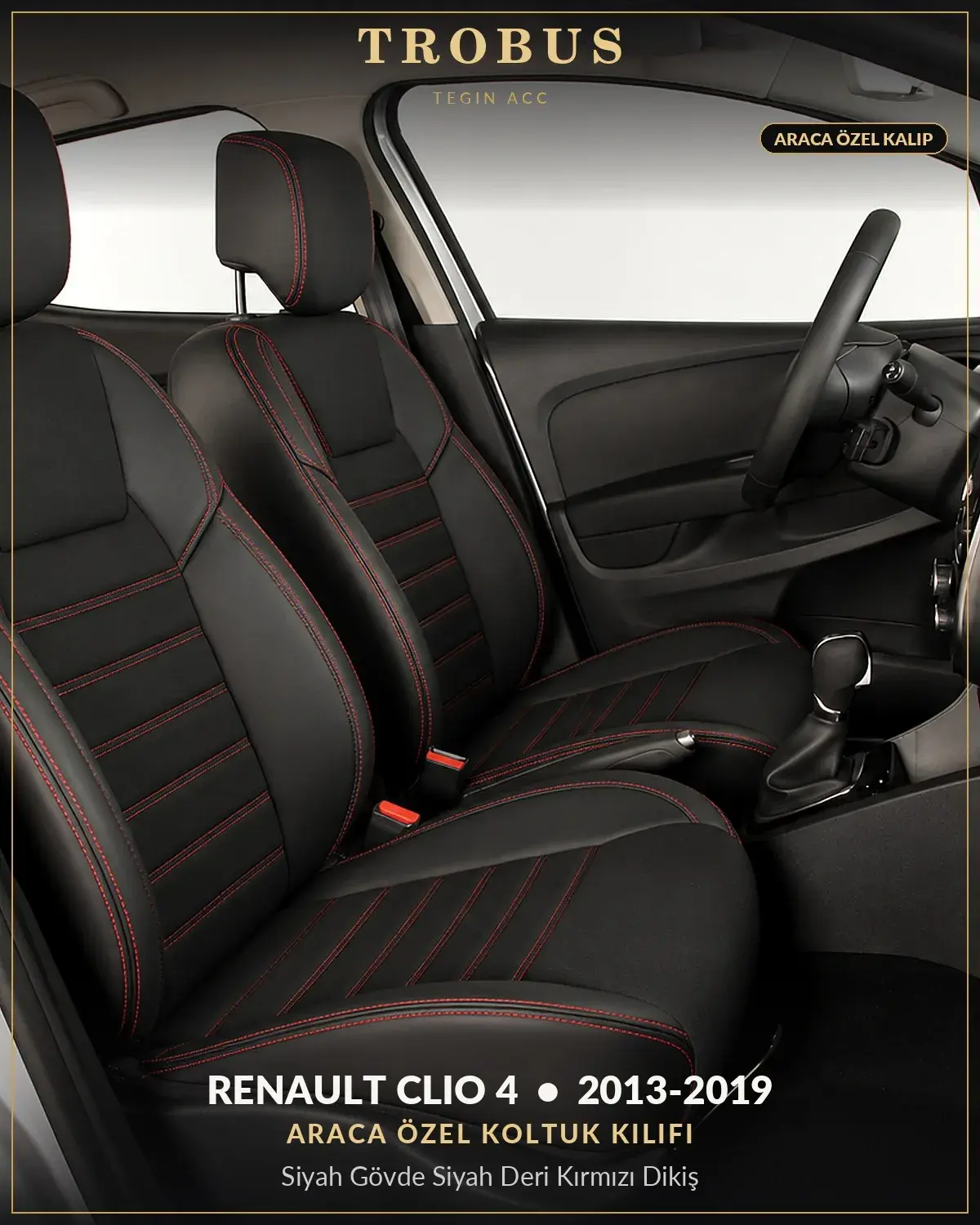 Renault Clio 4 2013-2019 Araca Özel Koltuk Kılıfı Siyah Gövde Siyah Deri Kırmızı Dikiş (1)