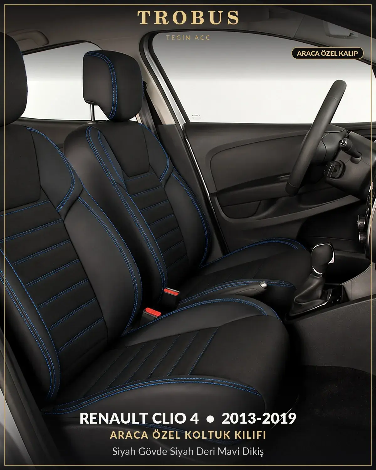 Renault Clio 4 2013-2019 Araca Özel Koltuk Kılıfı Siyah Gövde Siyah Deri Mavi Dikiş (1)