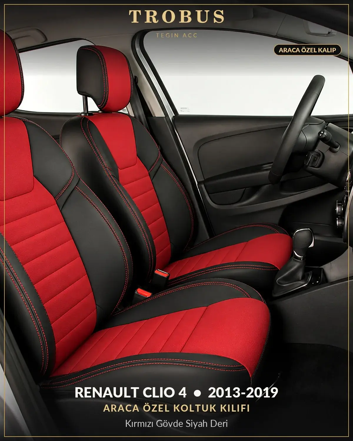 Renault Clio 4 2013-2019 Araca Özel Koltuk Kılıfı Kırmızı Gövde Siyah Deri (1)