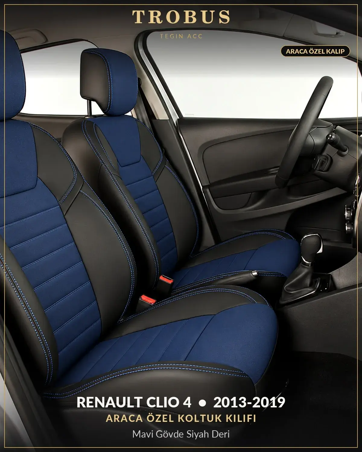 Renault Clio 4 2013-2019 Araca Özel Koltuk Kılıfı Mavi Gövde Siyah Deri (1)