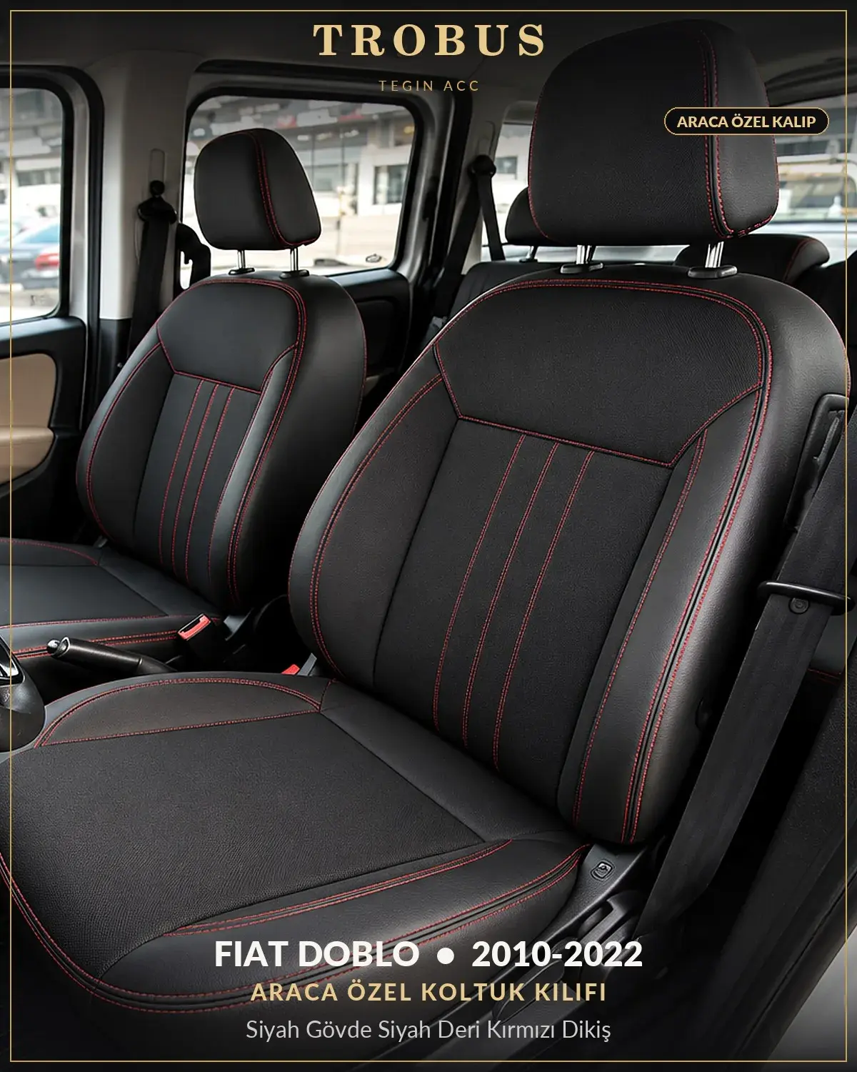 Fiat Doblo 2010-2022 Araca Özel Koltuk Kılıfı Siyah Gövde Siyah Deri Kırmızı Dikiş (1)