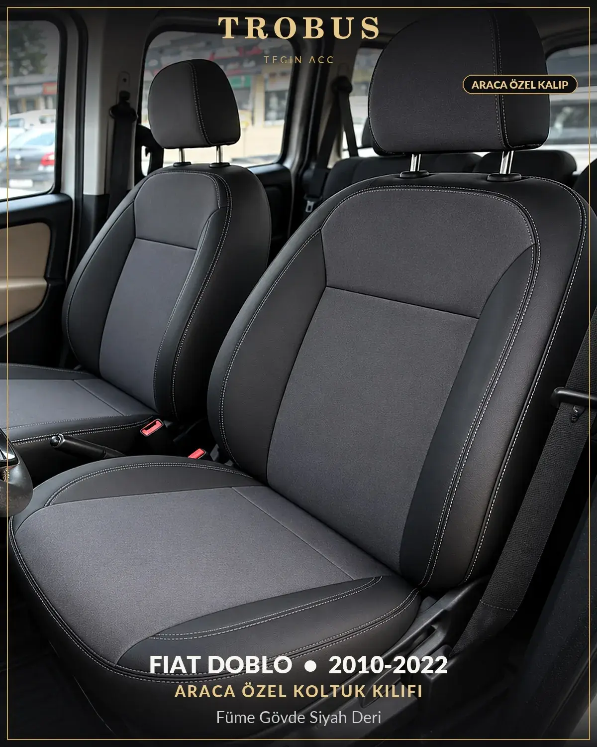 Fiat Doblo 2010-2022 Araca Özel Koltuk Kılıfı Füme Gövde Siyah Deri (1)