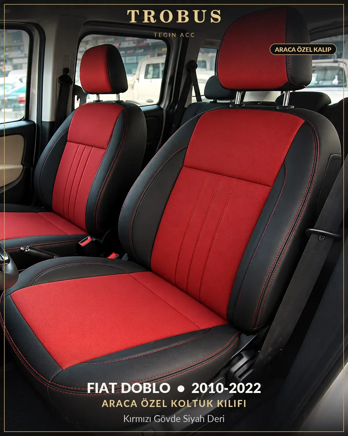 Fiat Doblo 2010-2022 Araca Özel Koltuk Kılıfı Kırmızı Gövde Siyah Deri (1)