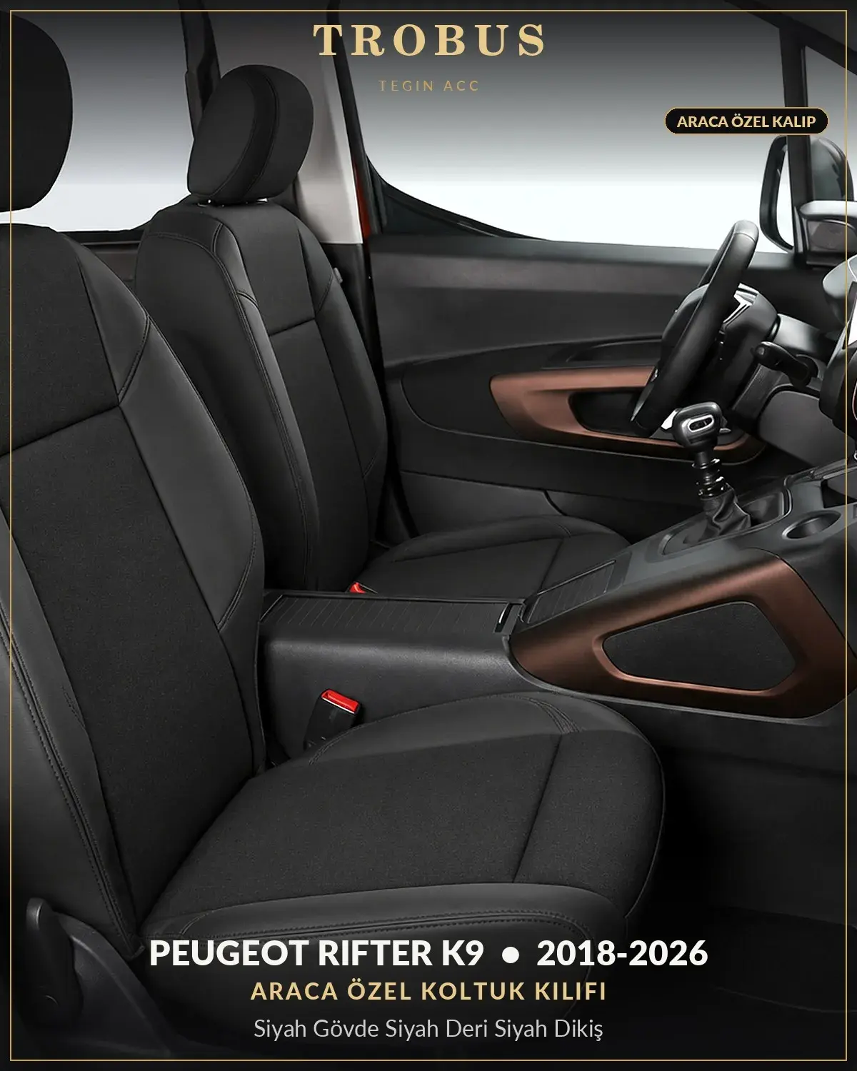 Peugeot Rifter K9 2018-2026 Araca Özel Koltuk Kılıfı Siyah Gövde Siyah Deri Siyah Dikiş (1)