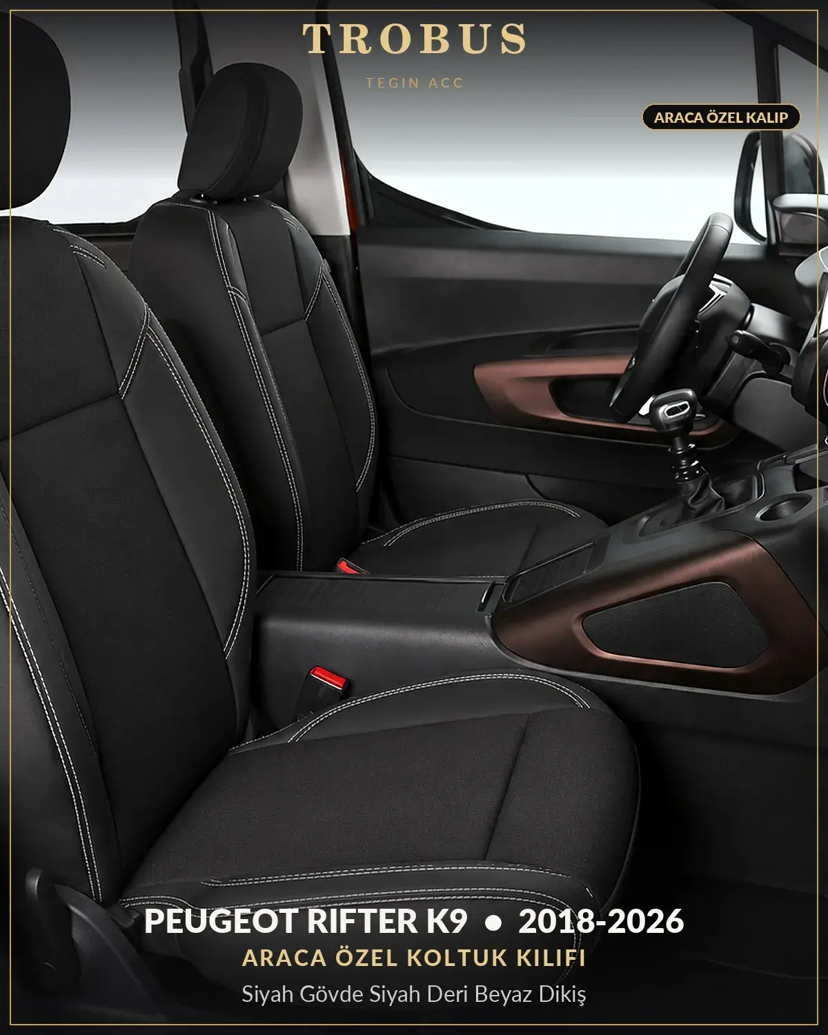 Peugeot Rifter K9 2018-2026 Araca Özel Koltuk Kılıfı Siyah Gövde Siyah Deri Beyaz Dikiş (1)