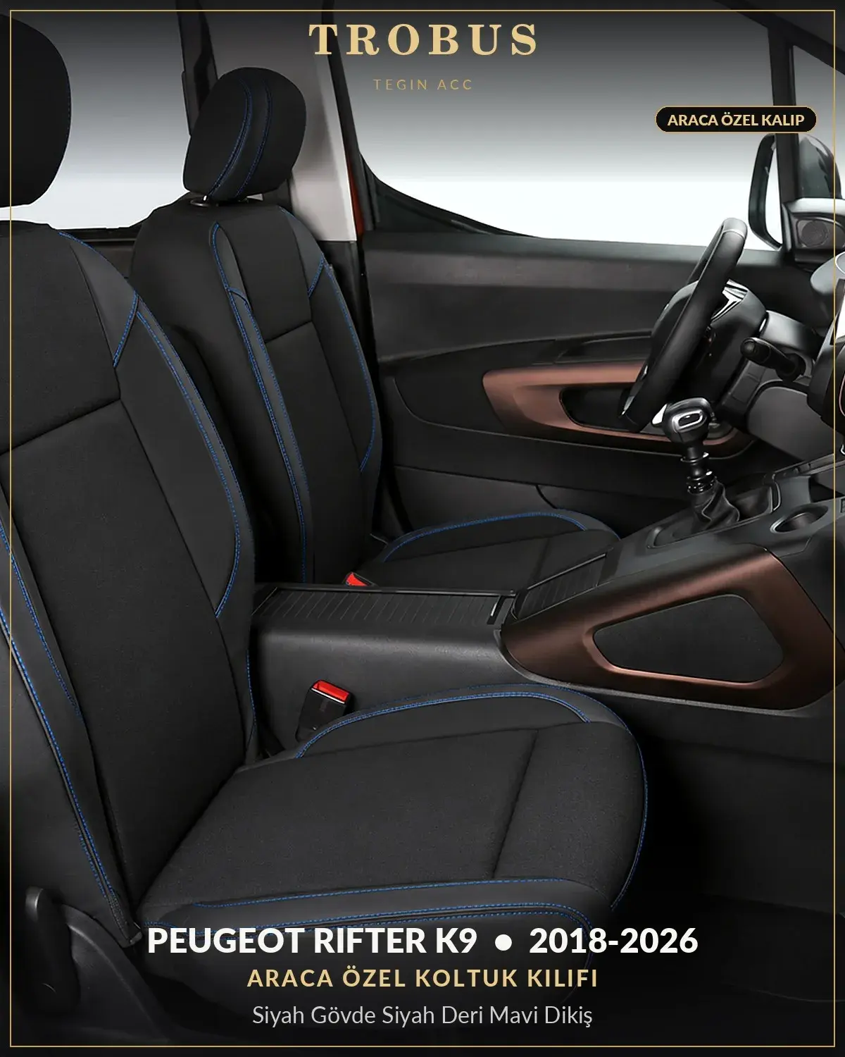 Peugeot Rifter K9 2018-2026 Araca Özel Koltuk Kılıfı Siyah Gövde Siyah Deri Mavi Dikiş (1)