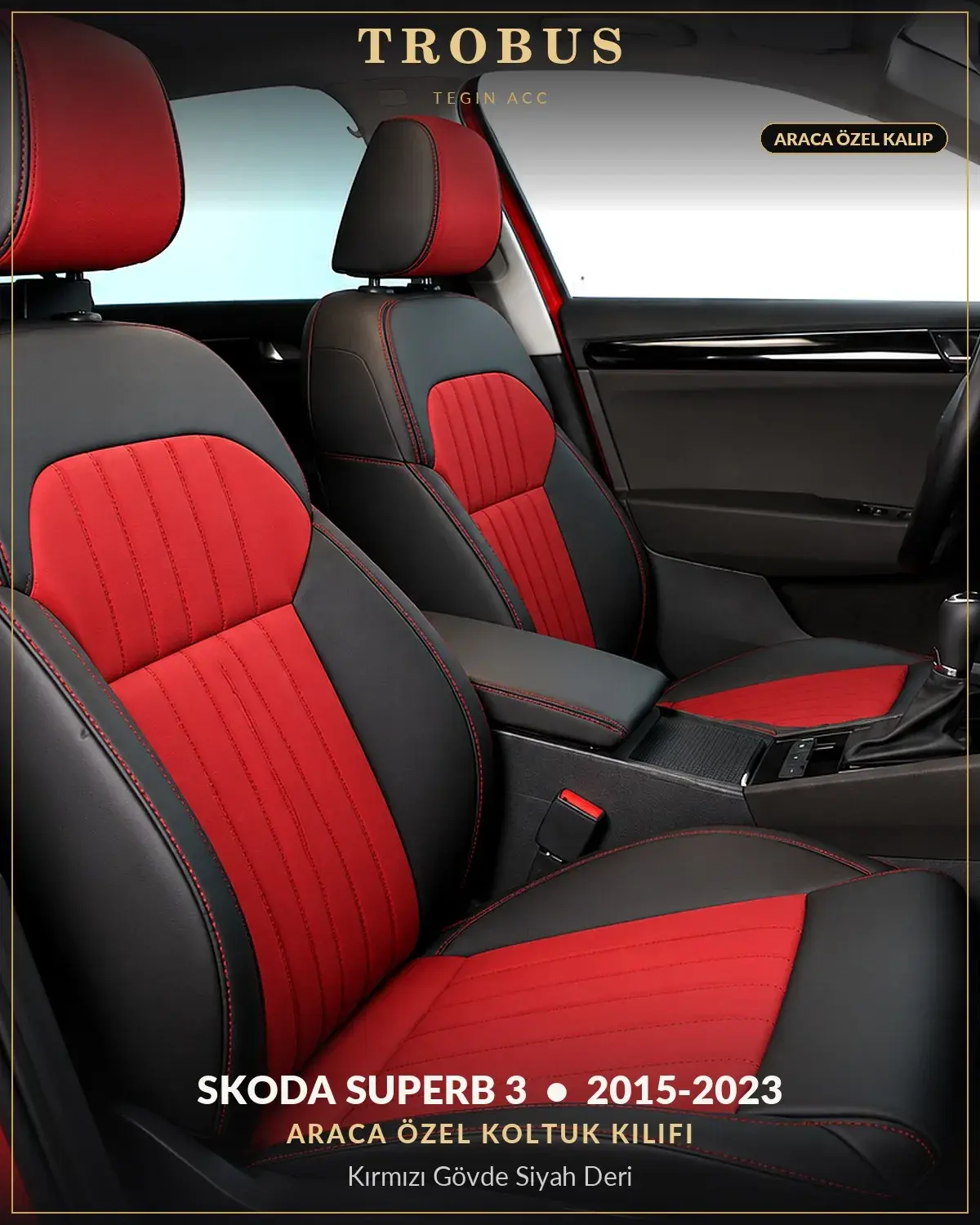 Skoda Superb 3 2015-2023 Araca Özel Koltuk Kılıfı Kırmızı Gövde Siyah Deri (1)