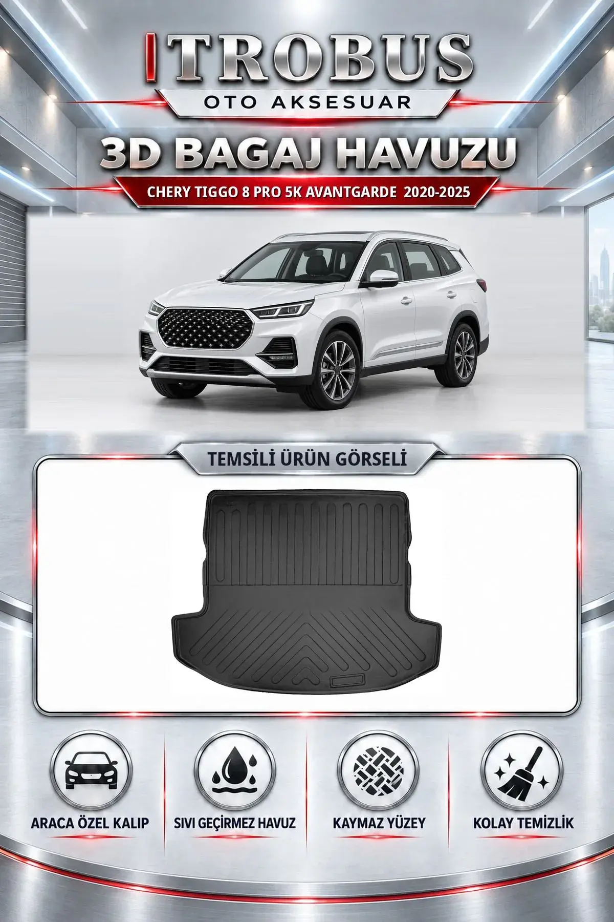 Chery Tiggo 8 Pro 2020-2025 5 Koltuk Avantgarde Araca Özel 3D Bagaj Havuzu (1)
