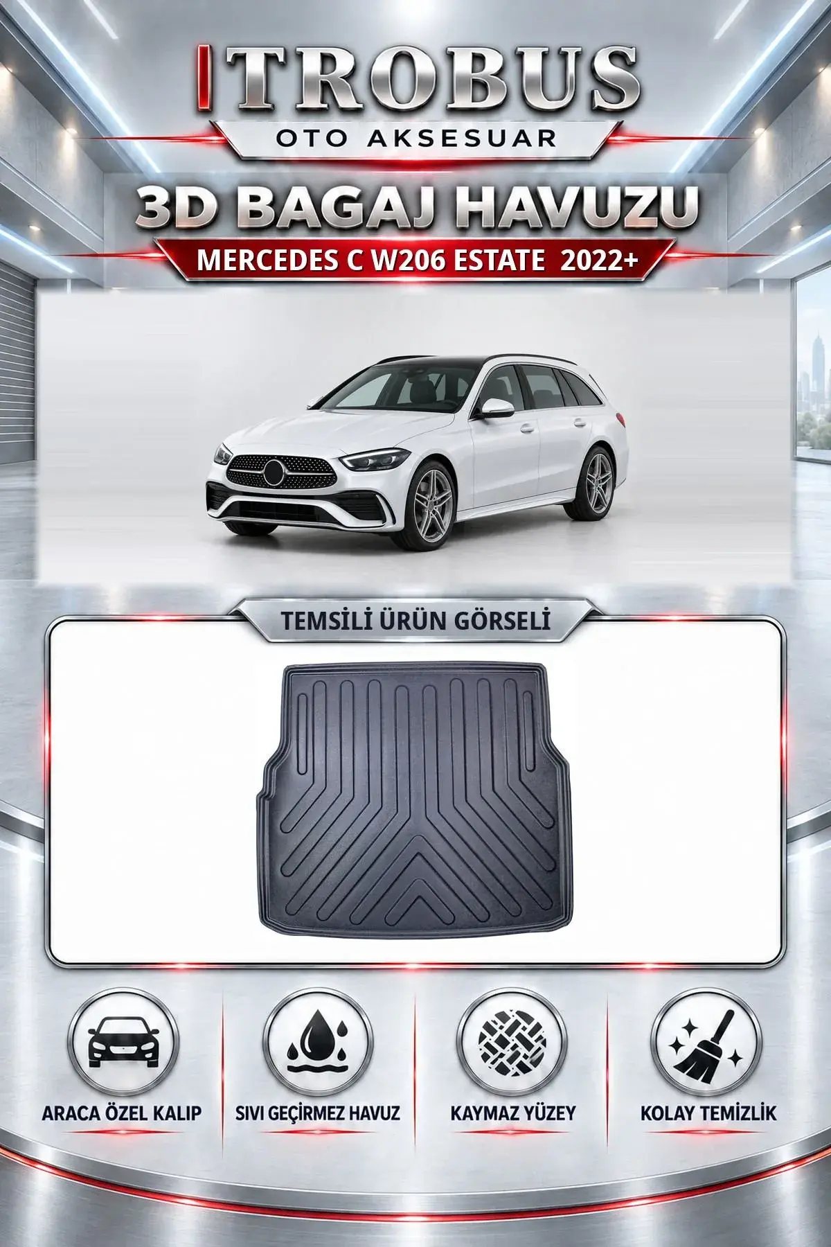 Mercedes-Benz C Serisi 2022 Sonrası W206 Station Wagon Araca Özel 3D Bagaj Havuzu (1)