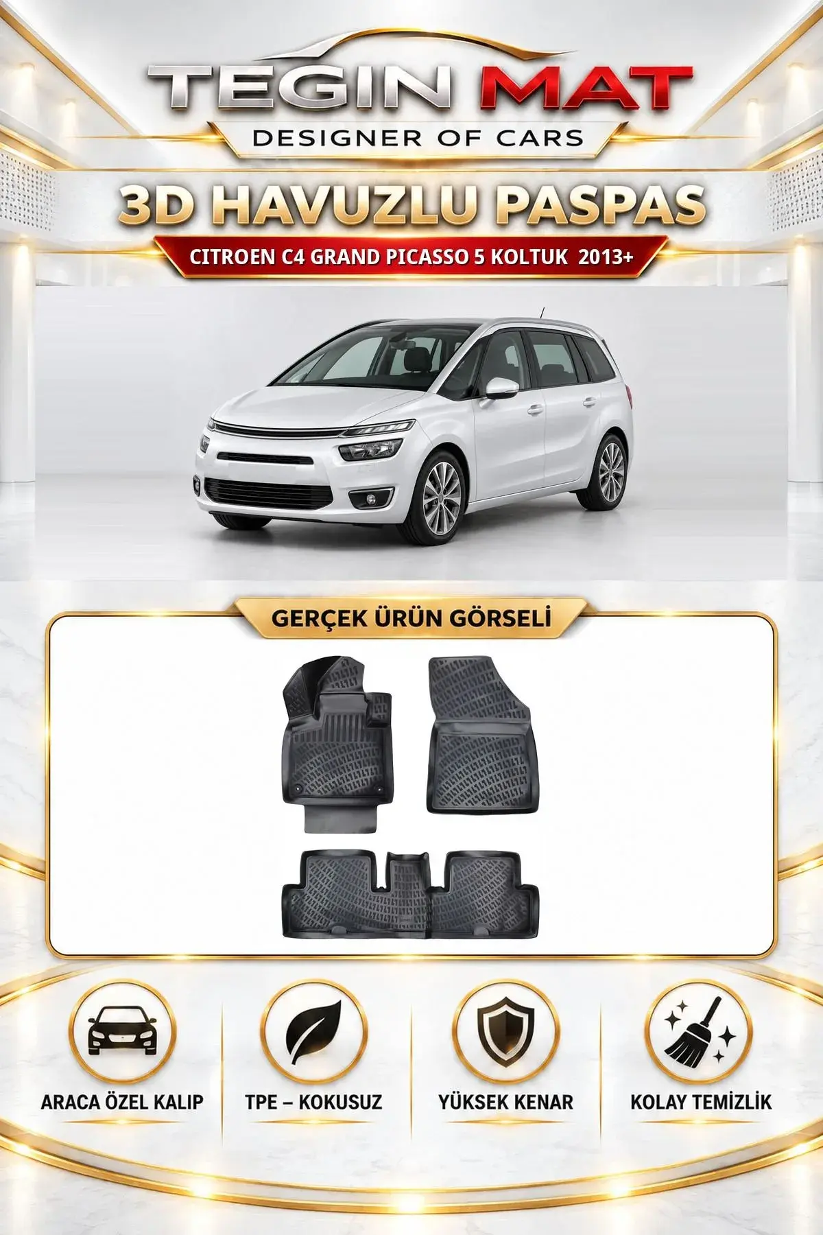 Citroen C4 Grand Picasso 2013 Sonrası 5 Koltuklu Araca Özel 3D Havuzlu Paspas Siyah (1)