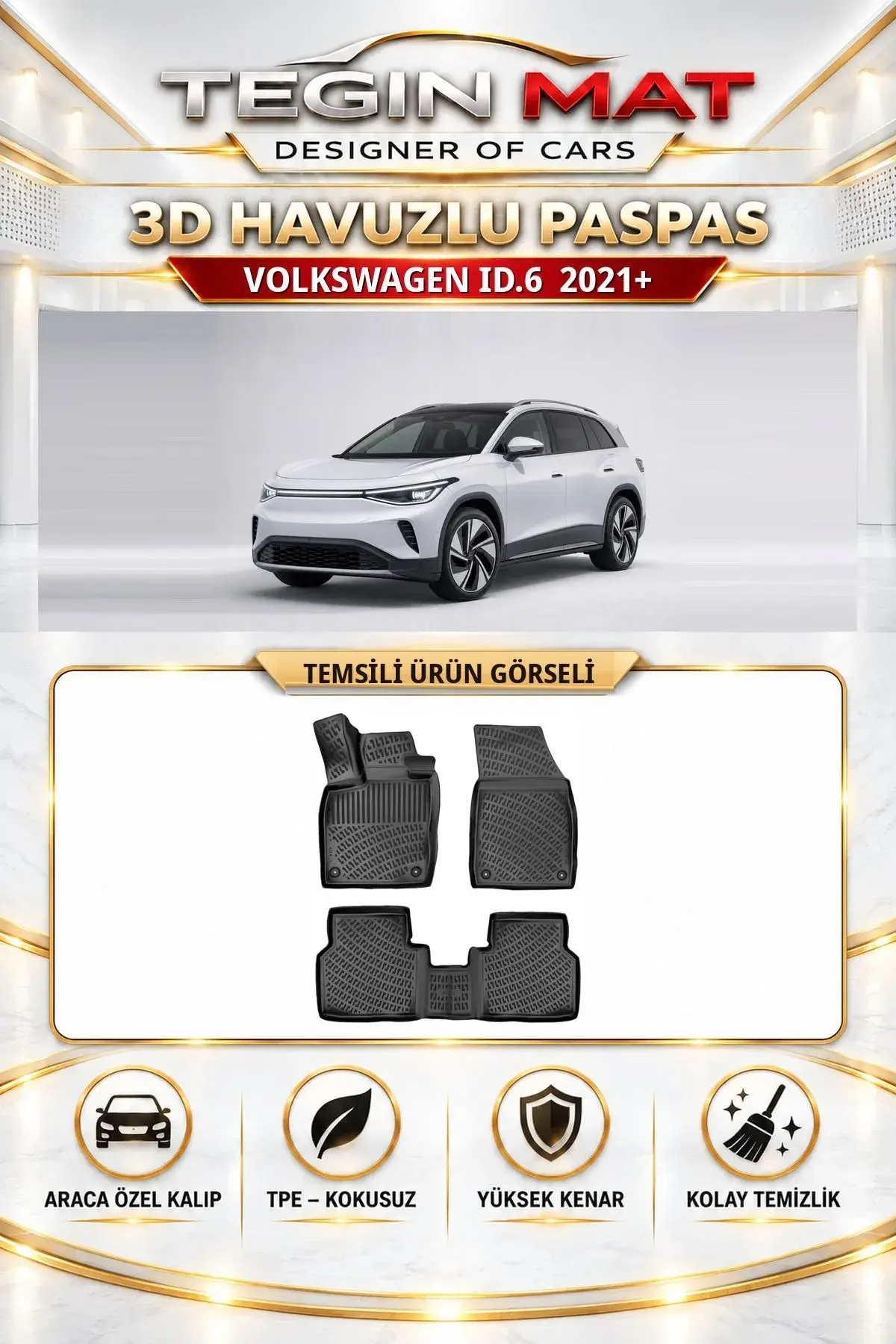 Volkswagen ID.6 Elektrikli 2021 Sonrası Araca Özel 3D Havuzlu Paspas Siyah (1)