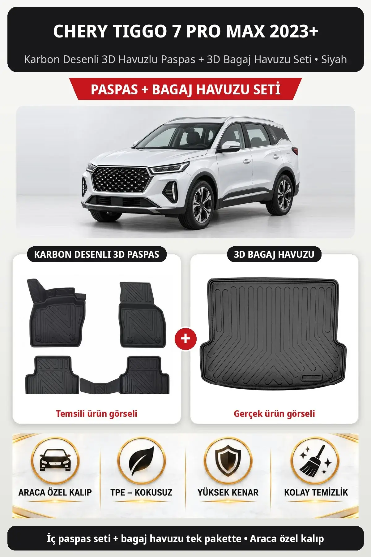 Chery Tiggo 7 PRO MAX 2023+ Karbon Desenli 3D Havuzlu Paspas + 3D Bagaj Havuzu Seti Siyah (1)