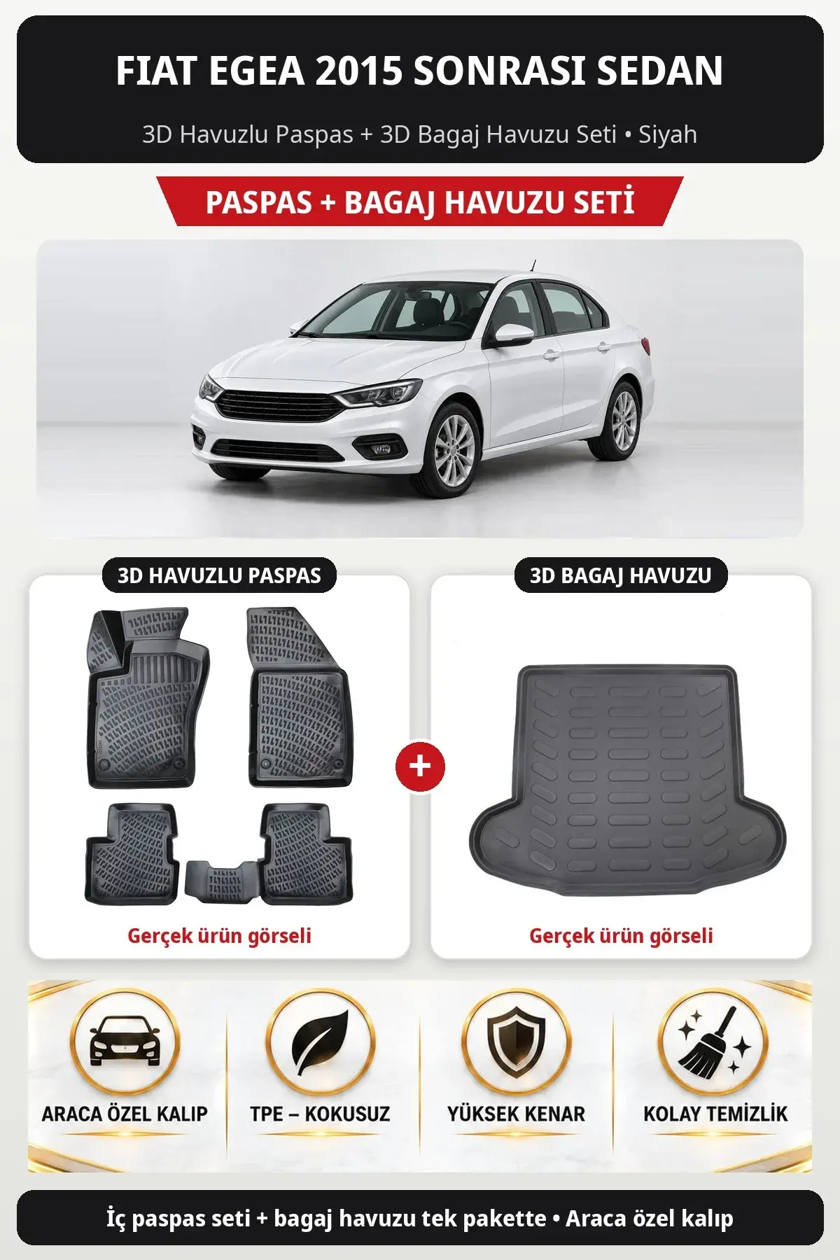 Fiat Egea 2015 Sonrası Sedan 3D Havuzlu Paspas + 3D Bagaj Havuzu Seti Siyah (1)