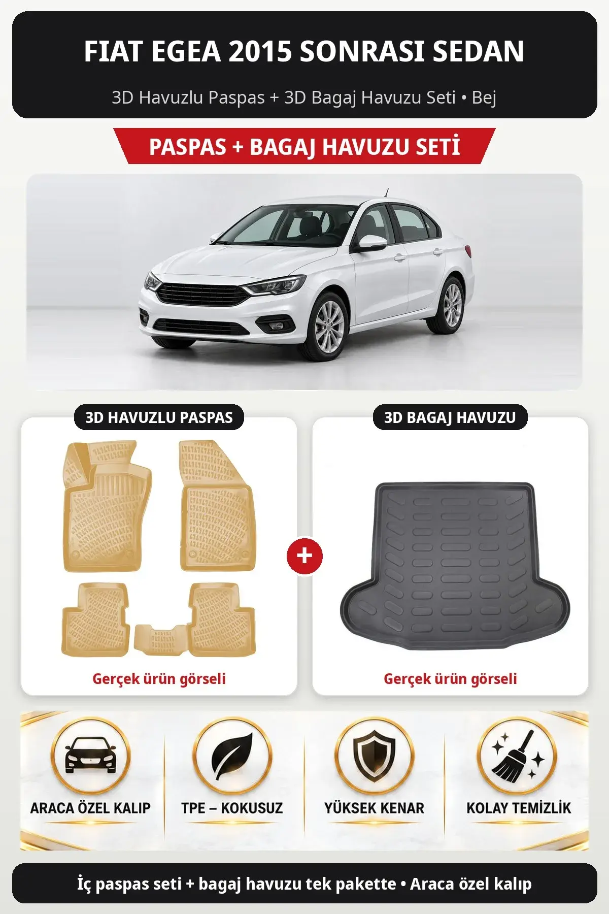 Fiat Egea 2015 Sonrası Sedan 3D Havuzlu Paspas + 3D Bagaj Havuzu Seti Bej (1)